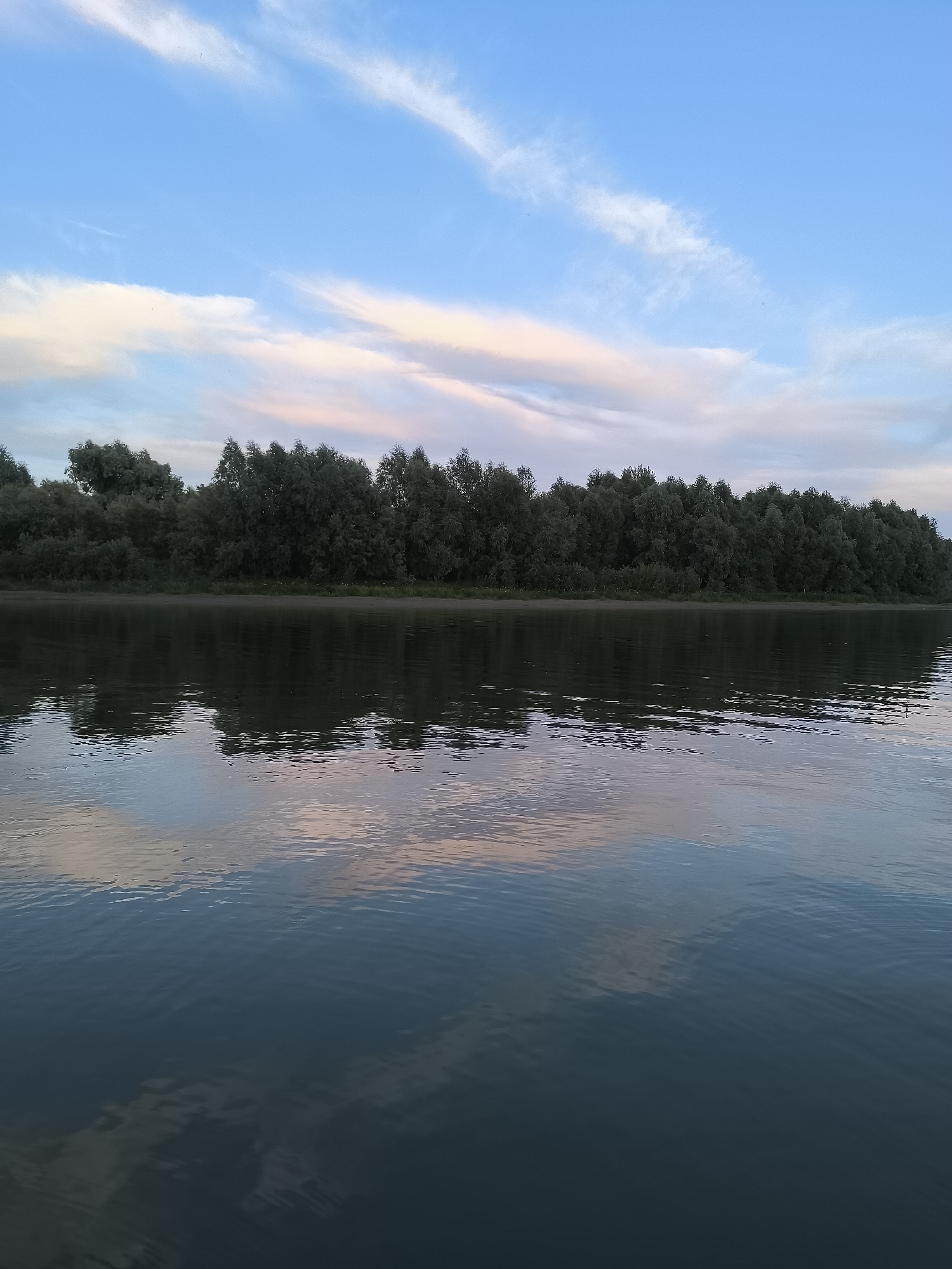 The image depicts a serene landscape at dusk, featuring a wide body of water in the foreground and a dense line of trees along the opposite bank. The sky above is a soft blue with wispy clouds, tinged with hues of pink and white, suggesting the last light of day. The water's surface is calm, reflecting the sky and the trees with a slight ripple. The trees are dark green and form an unbroken horizon. The overall impression is one of tranquility and natural beauty. There are no people, structures, or any indication of human presence in the scene.
