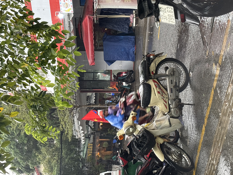 This image captures a street scene in Ngũ Hành Sơn Ward, Vietnam, during a light rain shower. The asphalt pavement is wet, exhibiting reflections and partially visible yellow road markings.
In the foreground, a cream-colored, possibly Daelim, motorbike with a black seat is parked on its kickstand, facing left. It has a black wire basket on the front handlebars holding dark items and a transparent plastic bag hanging from the front. To its right, the rear section of a dark motorbike is visible, displaying a license plate "37-B2 790.63".
A person wearing a blue rain poncho and an orange helmet is actively riding a dark-colored motorbike from left to right, accompanied by a passenger in a purple rain poncho. Their forms are slightly blurred due to motion.
Along the right side of the street, a row of commercial buildings is present. One storefront shows a sign for "NTLEY coffee." Another building features a white facade with red trim. A red Vietnamese flag with a yellow star is prominently displayed on a pole. Further right, a red awning extends over a sidewalk area, beneath which a blue tarp covers an unseen object or stall. Green leafy tree branches overhang the scene from the top, with visible raindrops evident throughout the image.