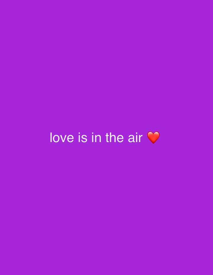 The image displays a solid, vibrant purple background. Centered horizontally in the mid-section of the frame, white text spells out "love is in the air." Immediately following the text is a red heart emoji, consistent with standard digital iconography. There are no people, specific objects (other than the text and emoji), or discernible scenes. The setting is minimalist, focusing solely on the textual message and its emotional connotation. The overall mood conveyed by the text and emoji is one of love, affection, and positivity. There are no indications of time of day, weather, or specific location.