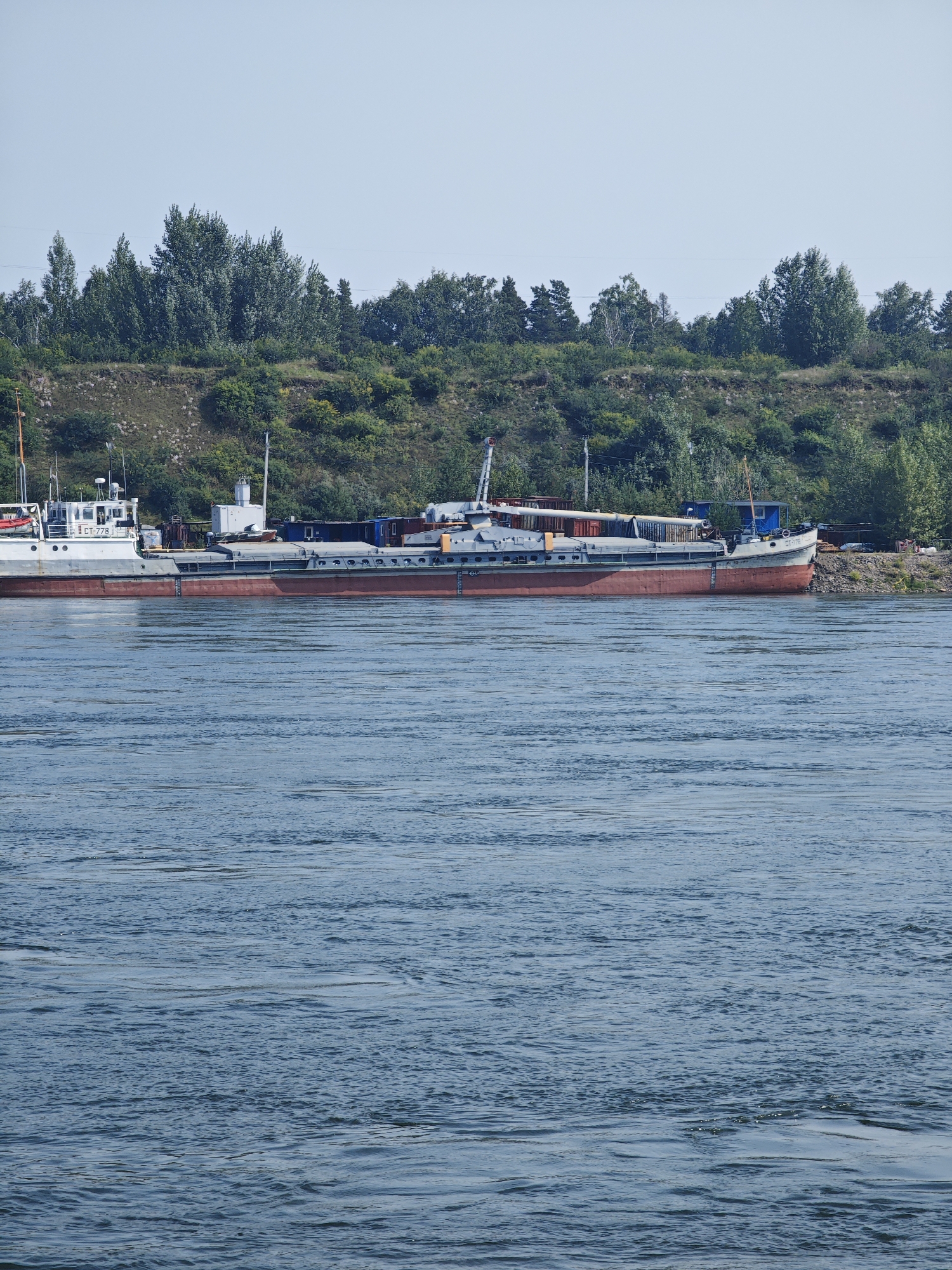 This image depicts a cargo ship docked in the foreground, with a tree-lined embankment in the background. The ship, painted red and gray, has a white superstructure and appears to be loaded with containers. The embankment is covered in lush green trees and foliage. The water in the foreground is blue and slightly rippled. The sky is clear and pale blue. The location is identified as Berezovka, Russia, and the scene is likely a port or industrial area along a river or waterway. There are no people visible in the image.