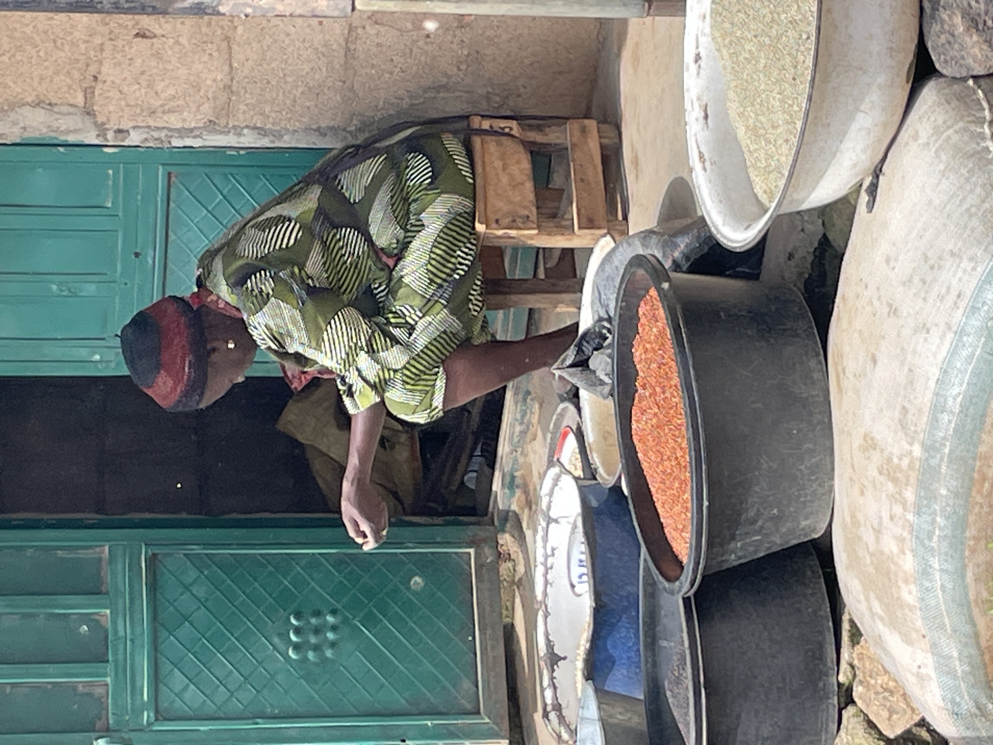 A person, dressed in a green and white patterned outfit and a red and black head wrap, sits on a small wooden stool in front of a green door. The person is facing away from the camera and appears to be examining something in their hands. In front of the person are several large containers filled with various grains and seeds, including red grains in a black tub and lighter grains in a white enamel bowl. The scene appears to be outdoors, with a rough stone wall to the right of the door. The setting is likely a market stall or a storefront in the city of Wang, Nigeria.