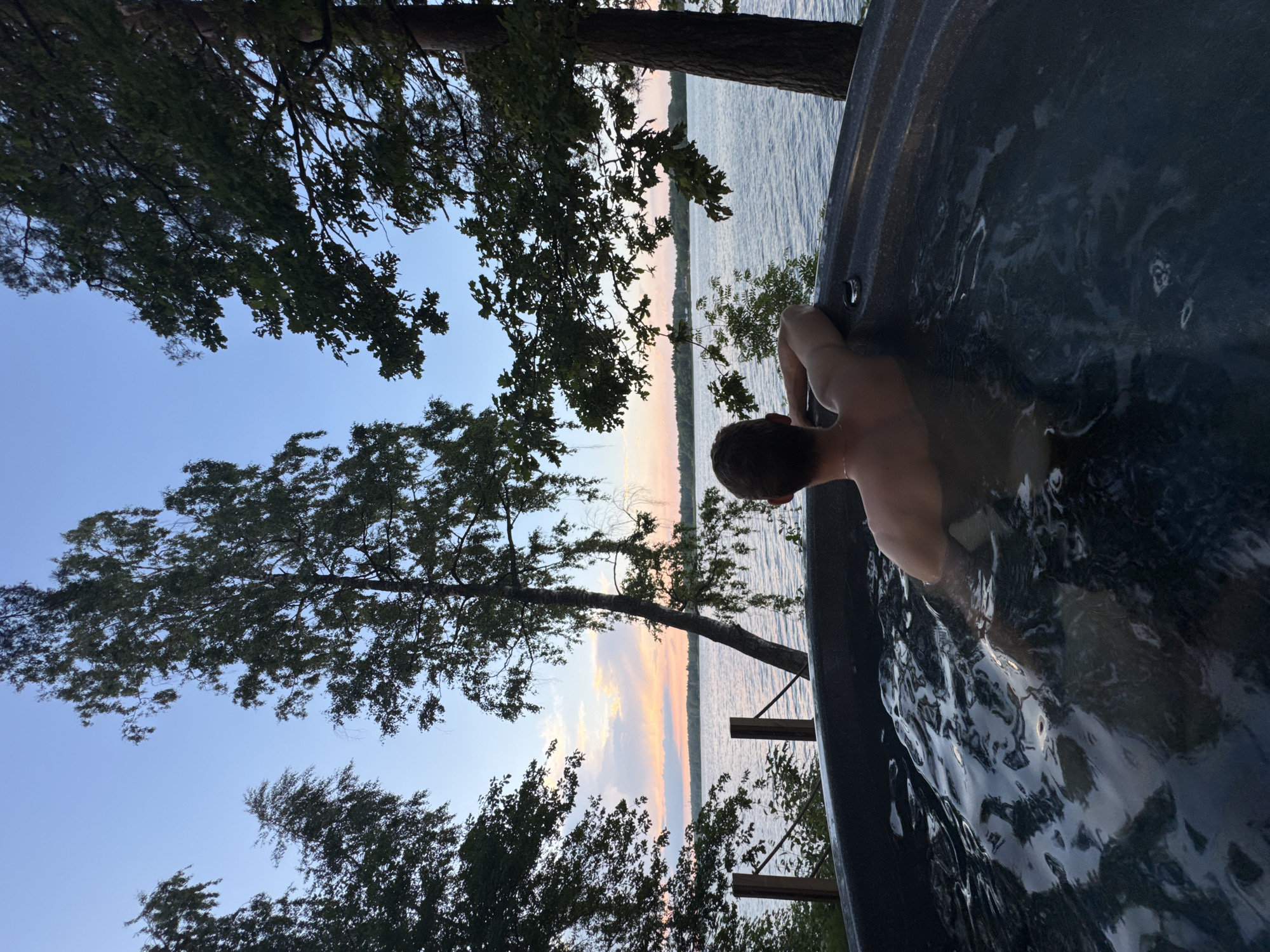 A man is relaxing in a hot tub overlooking a body of water, possibly a lake, at dusk. The sky is a pale blue with streaks of pink and orange from the setting sun. Trees with dark green leaves frame the scene on either side, with one tall birch tree standing prominently in the middle. The water in the hot tub is dark and rippling, reflecting the sky. The man is seen from behind, with his arms resting on the edge of the tub. The location is Priedesmuiža, Latvia.