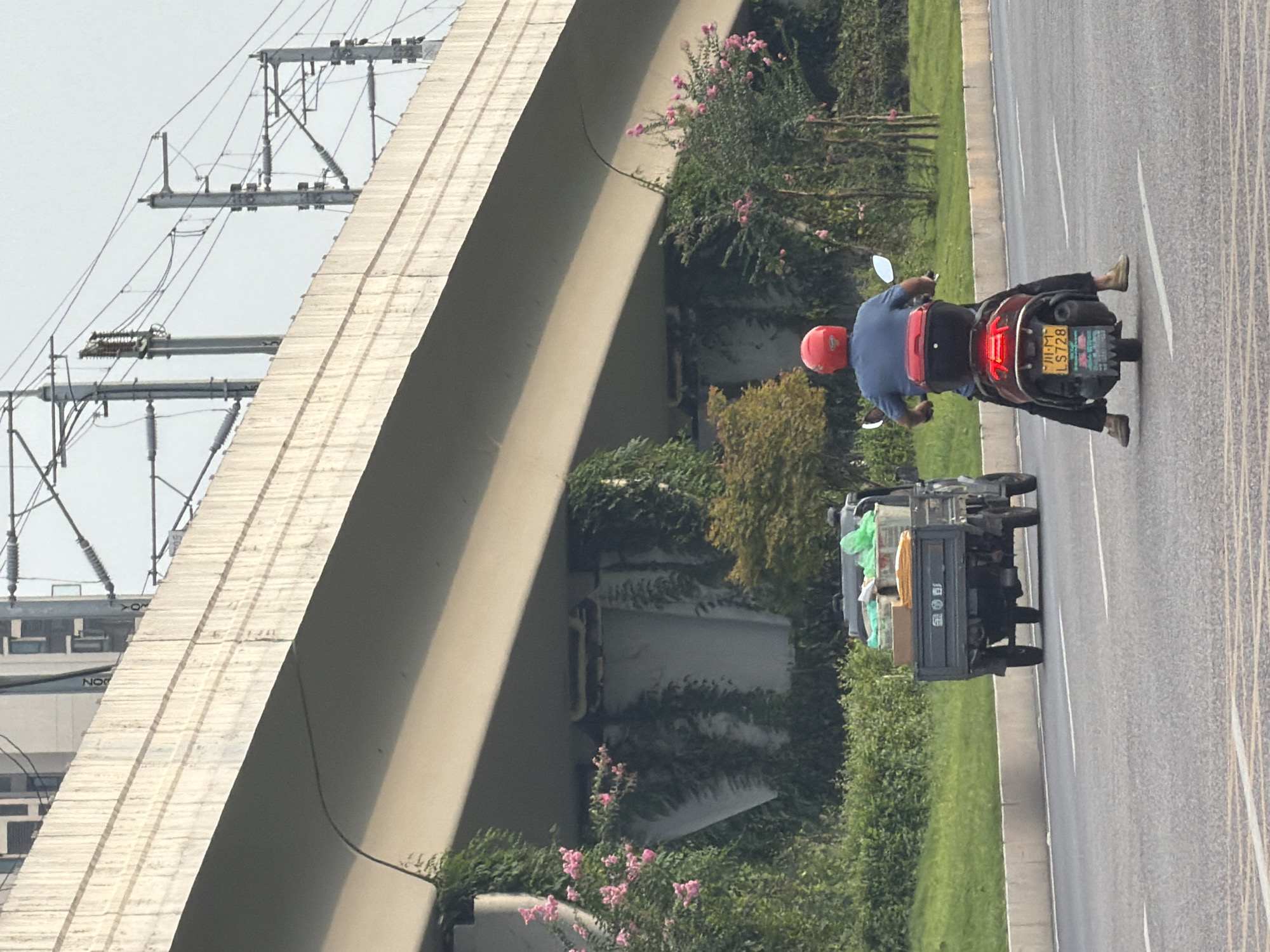 In Jiangjin, China, a red-helmeted individual in a blue shirt rides a red scooter. The scooter, bearing the license plate "川M-LS728," travels on an asphalt road. Ahead of the scooter, a dark gray, three-wheeled truck loaded with goods, including green plastic bags and yellow items, also moves along the road. The scene is set under a large concrete overpass, part of an elevated infrastructure. Vegetation, including green ivy and pink-flowering bushes, grows along the supports of the overpass and a grassy embankment. Overhead, power lines and poles are visible against a hazy sky.
