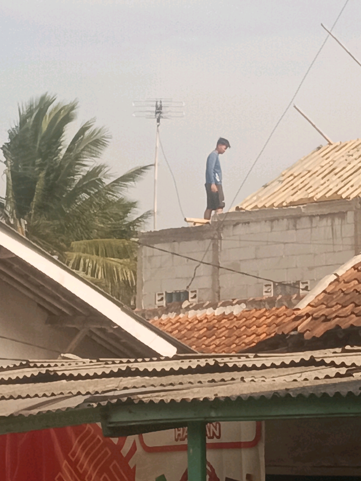 A young male is standing on the roof of a brick building in what appears to be a residential area of Purwakarta, Indonesia. He is wearing a blue long-sleeved shirt and dark shorts, and is looking down. The building has a partially constructed wooden roof structure. In the foreground, there are other rooftops, including one with red clay tiles and another with corrugated metal. A palm tree is visible to the left of the scene, and an antenna is mounted on a pole in the background. The sky is overcast.