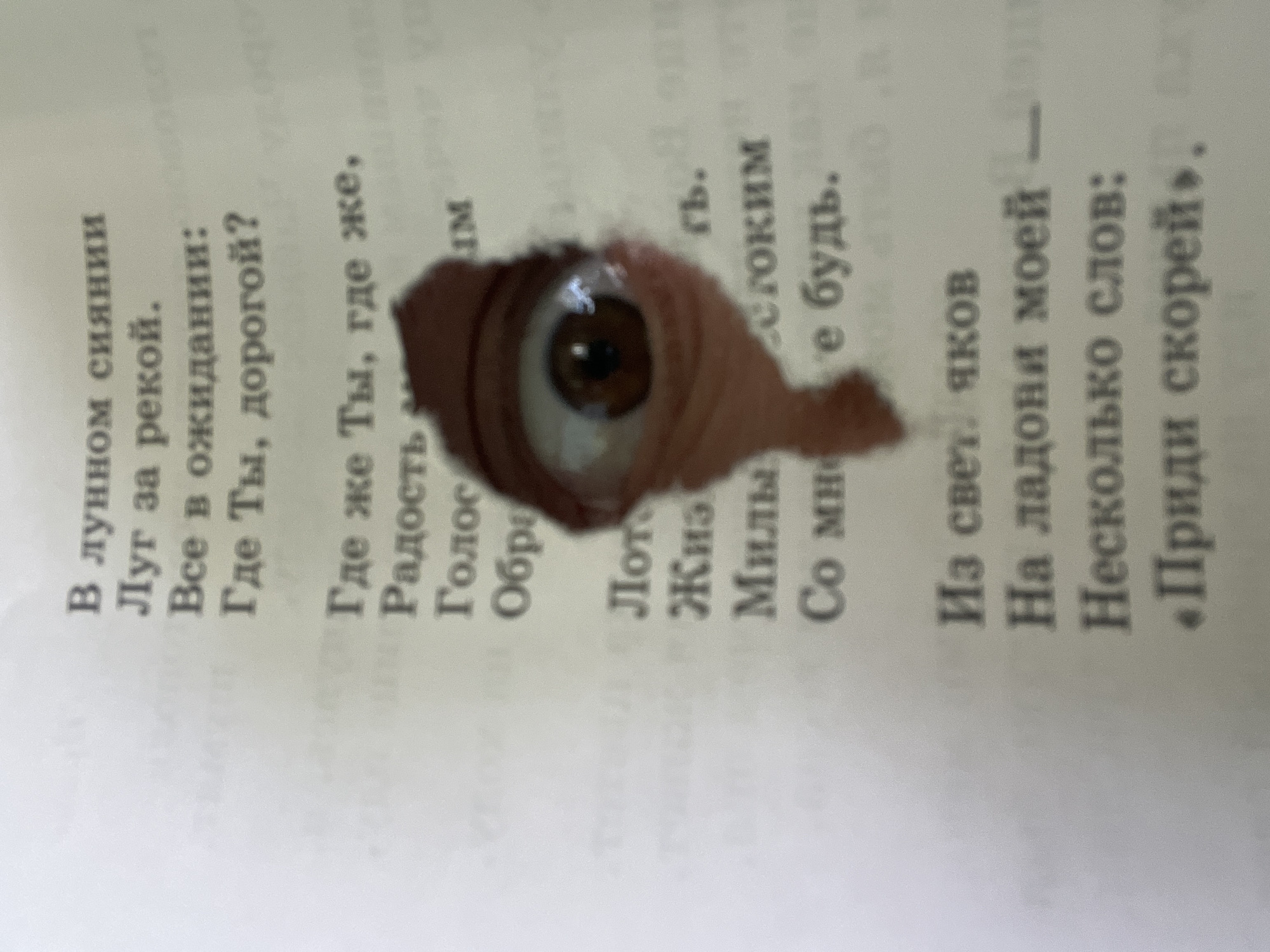 An eye with a brown iris peeks through a hole in a page of a book. The text around the hole is in Russian, including the lines: "В лунном сиянии" (In the moonlight), "Где Ты, дорогой?" (Where are you, dear?), and "Приди скорей" (Come quickly). The image does not provide sufficient information to determine a specific location in Chaikovsky, Russia.