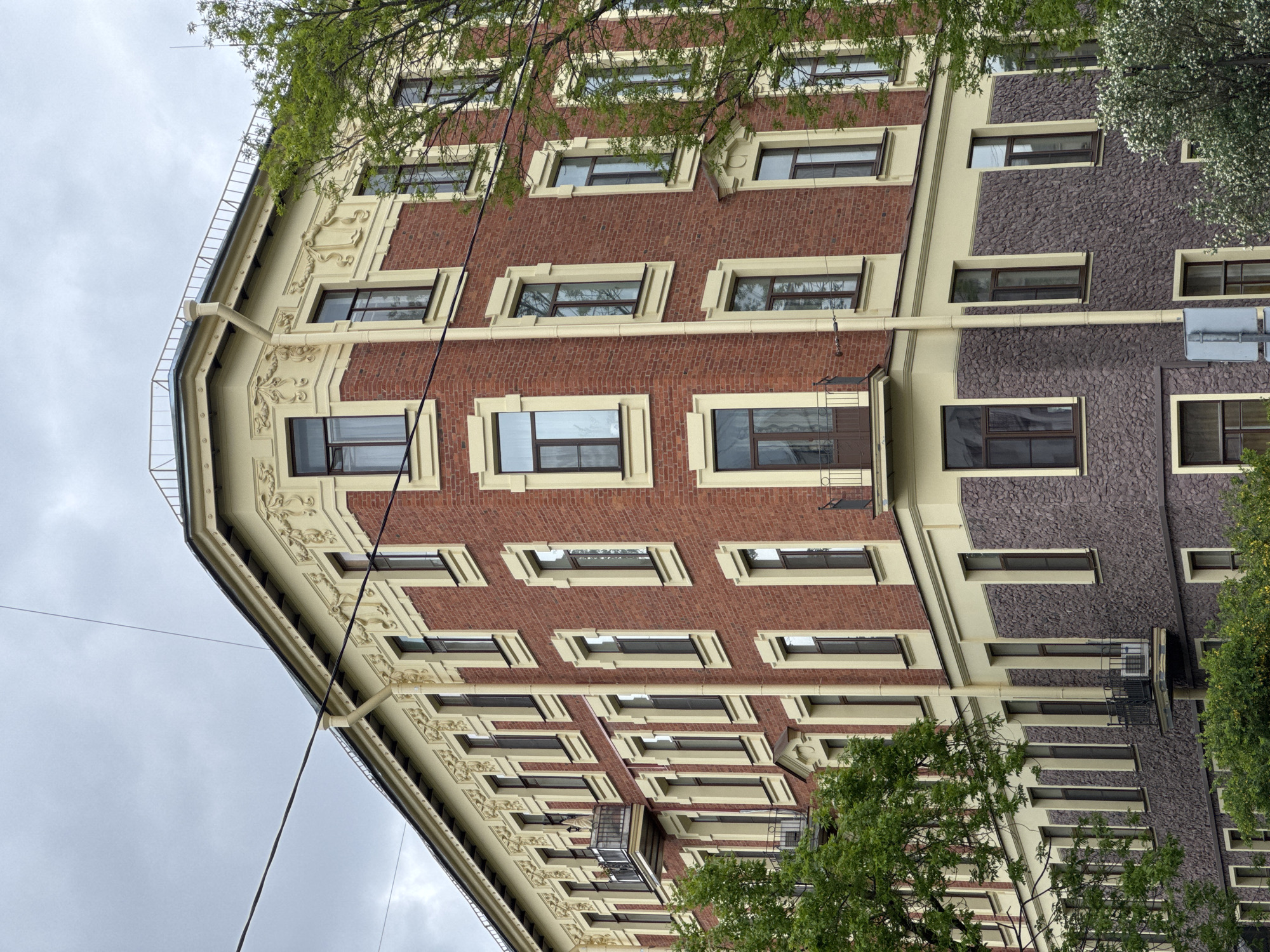The image captures a low-angle view of a building in Saint Petersburg, Russia. The facade is composed of red brick and a darker, textured material, possibly stone. Windows are rectangular with light-colored frames, arranged in repeating rows. The building's corner features decorative detailing, with ornate patterns along the edge. A cloudy sky is visible above, and tree branches with green leaves partially obscure the view of the building at the top and lower right. Power lines cut across the upper left corner of the image.