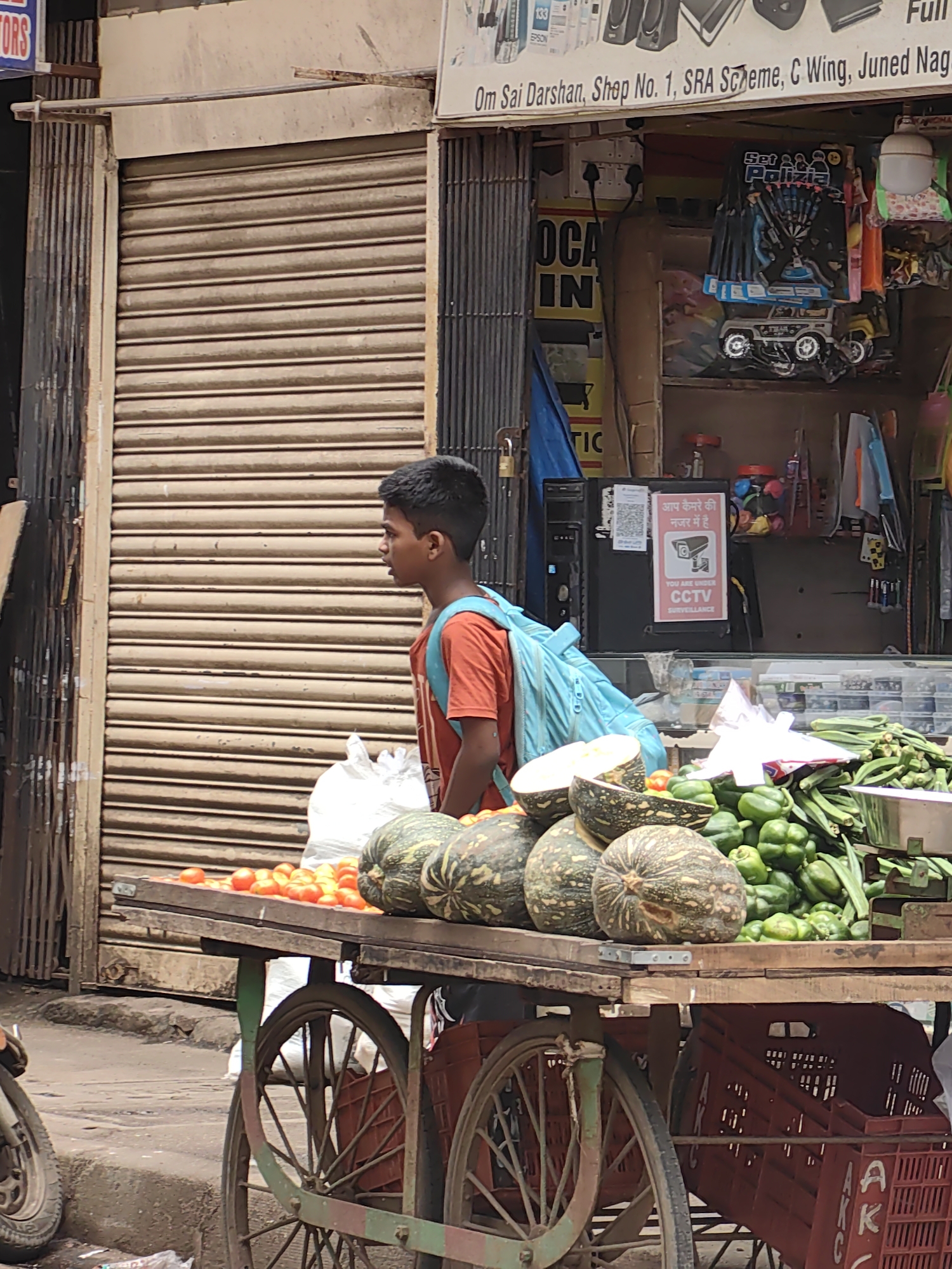 In Mumbai, India, a young boy stands beside a vegetable cart laden with produce. He wears an orange t-shirt and a blue backpack. The cart displays pumpkins, tomatoes, and green bell peppers. Behind the cart, a shop entrance is visible with a closed metal shutter. A CCTV sign is prominently displayed on a black surface to the right of the shutter. The street appears to be a busy market area.