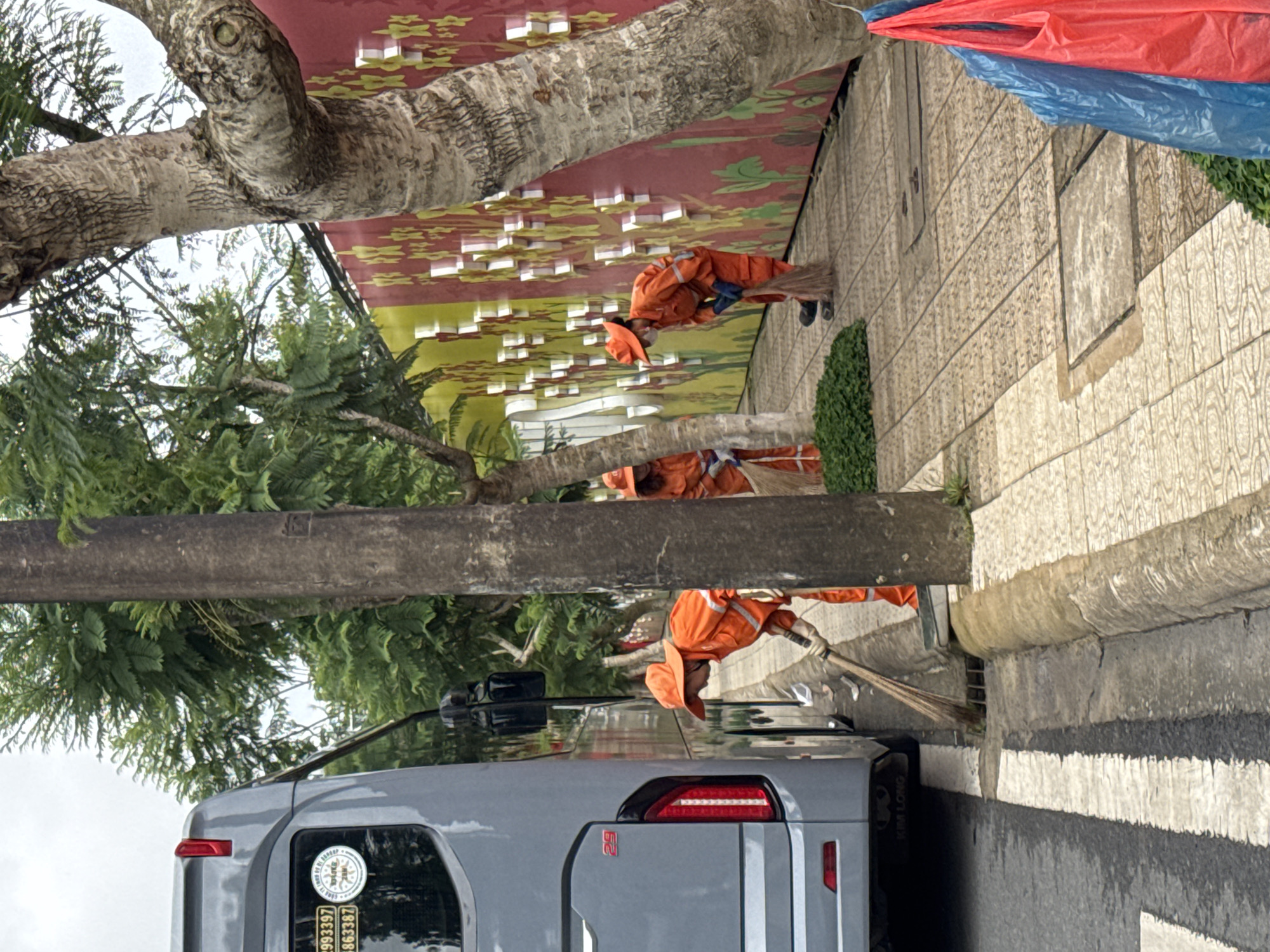 This image captures a street scene in Da Lat, Vietnam, featuring four sanitation workers and a parked tour bus. On the left, a grey passenger coach bus, branded "KIM LONG" and bearing a "29" decal and "ĐÀ LẠT TOUR GIÁ RẺ" sticker, is stationary by the curb. Four individuals, uniformly dressed in orange long-sleeved shirts, pants, wide-brimmed hats, and gloves, are engaged in sweeping the sidewalk and the street's edge using natural-fiber brooms. One worker on the far left is sweeping debris towards a storm drain near the bus. Another worker is positioned behind a large, weathered concrete utility pole in the mid-ground, bending to sweep the tiled sidewalk. Two additional workers are further along the sidewalk on the right. The sidewalk is paved with light-colored, patterned tiles, and small green ground cover plants are visible. A decorative wall on the right side of the sidewalk features a vibrant design with red, yellow, and green sections adorned with raised white geometric patterns. Several trees with textured bark and green foliage are present, including a large tree trunk on the far right. The road surface in the foreground is dark asphalt with white pedestrian crossing lines. Two plastic bags, one blue and one red, hang on the far right.