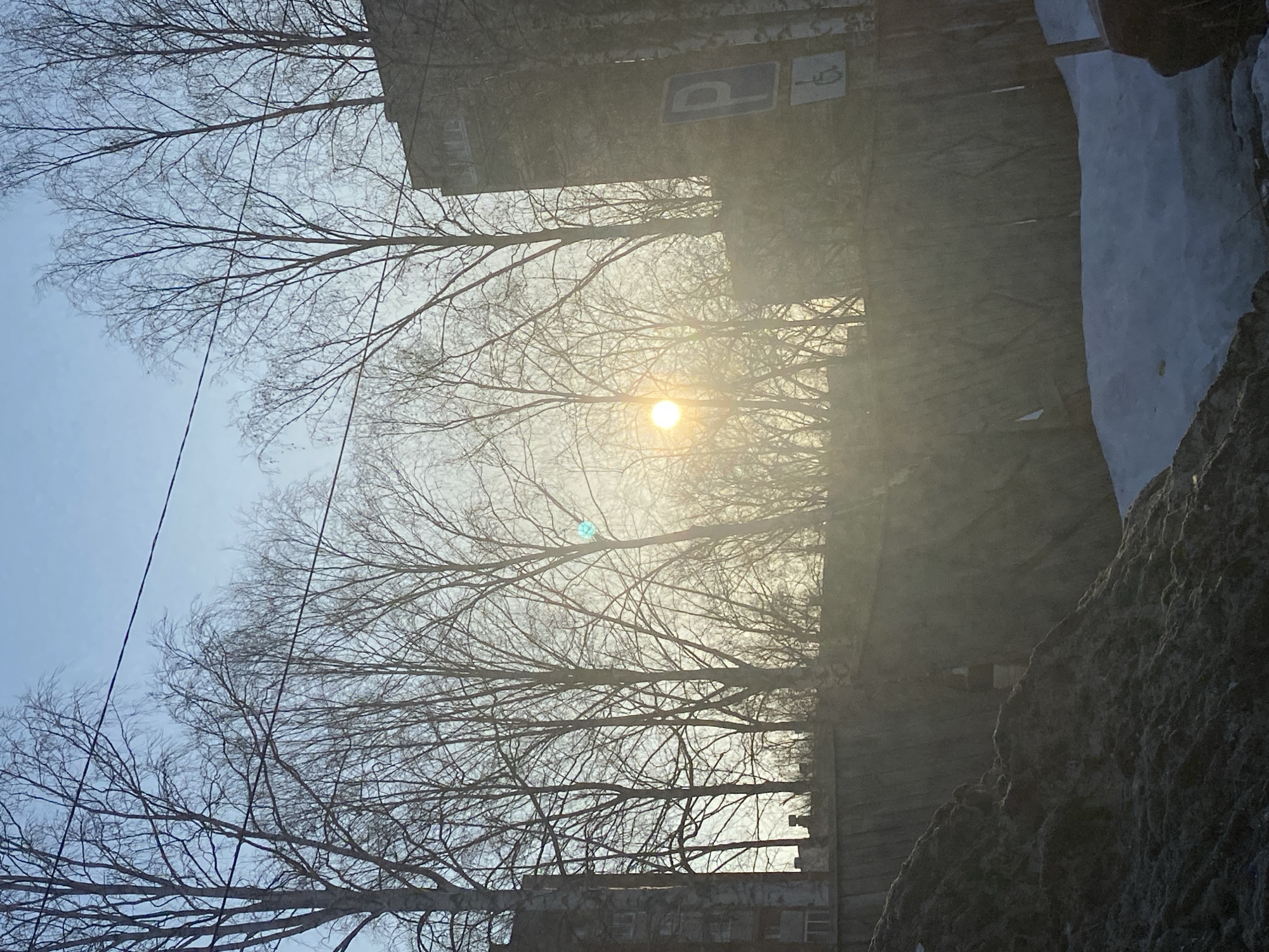 This image depicts an outdoor urban environment in Chaikovsky, Russia. The scene is illuminated by a low sun, positioned centrally in the mid-ground, which creates significant backlighting and lens flare against a clear blue sky. Numerous leafless deciduous trees, consistent with birches, dominate the upper and mid-ground, their bare branches forming dense silhouettes. Overhead, dark electrical wires stretch horizontally across the sky.
On the far left, a light-colored facade of a multi-story building is partially visible behind the tree line. On the right side of the frame, a darker, multi-story building is present, featuring a blue and white parking sign with a prominent 'P' symbol and a smaller handicap symbol beneath it. A dark, textured wall or fence spans horizontally across the middle of the frame, behind which more tree tops are visible.
The foreground on the left consists of a large, dark mound of what appears to be compacted earth or dirty snow. Partially obscured behind this mound, a vertically striped pole (black and white) is dimly visible. On the lower right, patches of clean white snow are visible on the ground. No individuals or active subjects are present within the frame. The bare trees and snow suggest a winter or early spring season.