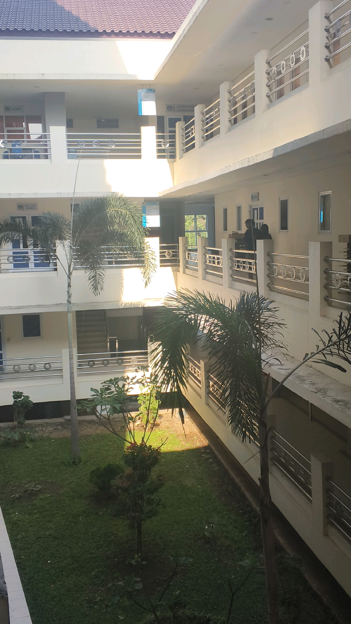 This is an eye-level, medium shot of a courtyard within a multi-story building complex, likely an educational institution, located in Lohbener, Indonesia. The building's exterior is painted a light cream color, with balconies featuring metal railings. Palm trees and other greenery are visible in the courtyard. The time of day appears to be late afternoon, with sunlight casting shadows.
On the second-floor balcony, two individuals are standing and interacting. One appears to be leaning over the railing, while the other stands beside them. Another balcony on the same level, on the opposite side of the courtyard, has a sign indicating "LABORATORIUM KEPERAWATAN" (Nursing Laboratory). The lower levels of the building have open doorways and windows. A staircase is visible in the center of the courtyard, leading to the upper floors. The ground level of the courtyard is covered in grass and scattered foliage. The roof of the building is tiled in a reddish-brown color.