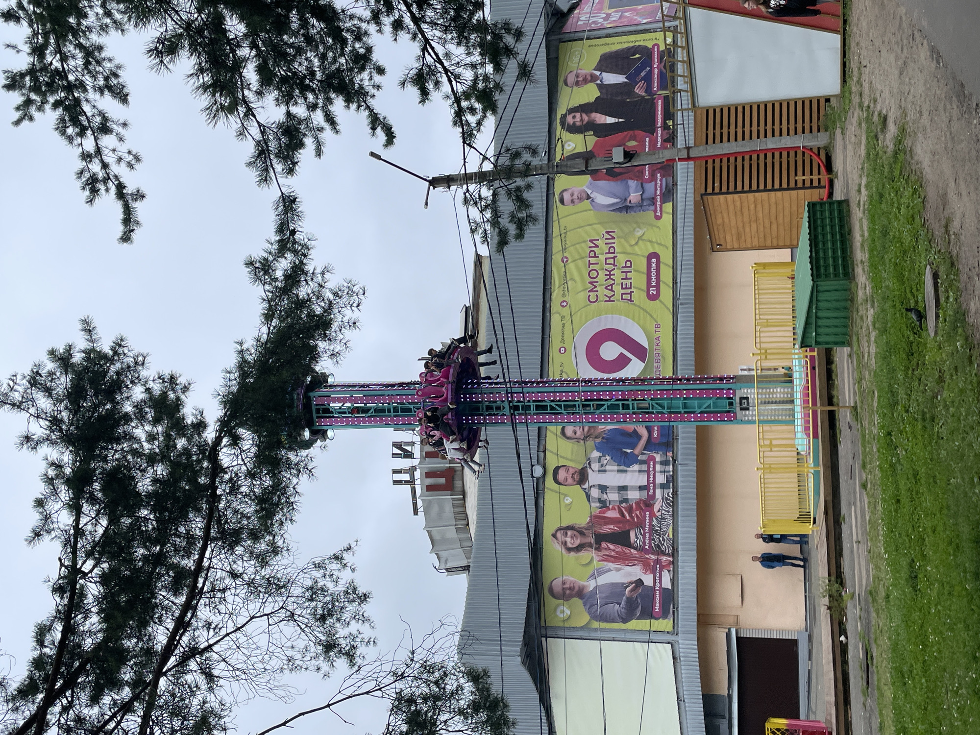 The image depicts an amusement park ride, likely a drop tower, in Kirov, Russia. The ride is tall and brightly colored, with pink and teal accents, and several people are seated in cars at the top. In the background, a large building with a banner advertising a TV channel or show is visible, featuring images of four people and the text "СМОТРИ КАЖДЫЙ ДЕНЬ" (Watch Every Day). The scene is framed by dark green pine branches overhead, suggesting an outdoor setting. Below the ride, there are some yellow barriers and people in casual clothing. The ground is covered with grass and some debris, and a pigeon is visible on a circular manhole cover in the foreground.