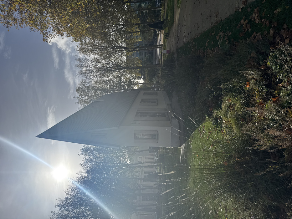 The image displays "La Cathédrale Engloutie," a distinctive narrow, house-like art installation by David Mach, located in the Jardins de l'Hôtel de Ville in Le Havre, France. The structure, centrally positioned, features a light-colored facade with several rectangular windows equipped with light-toned shutters and a steeply pitched, dark tiled roof culminating in a sharp peak, including a small dormer window.
Bright sunlight originates from the upper left, creating a prominent lens flare and casting partial shadows. The immediate foreground consists of a green lawn interspersed with clusters of tall, feathery grasses and low-lying plants showing autumnal brown and green hues. To the right of the art installation, a curving paved path, partially covered with fallen brown and yellow leaves, extends into the midground. Dark park benches are visible along this path, which is bordered by additional green spaces and deciduous trees, some with yellowing foliage.
The background on the left reveals rows of tall, sparsely foliated deciduous trees lining a boulevard, with classical-style buildings featuring columns visible beyond. On the right, modern multi-story buildings with reflective surfaces rise above the tree line in the distance. The sky is partially cloudy. No individuals are present in the scene.