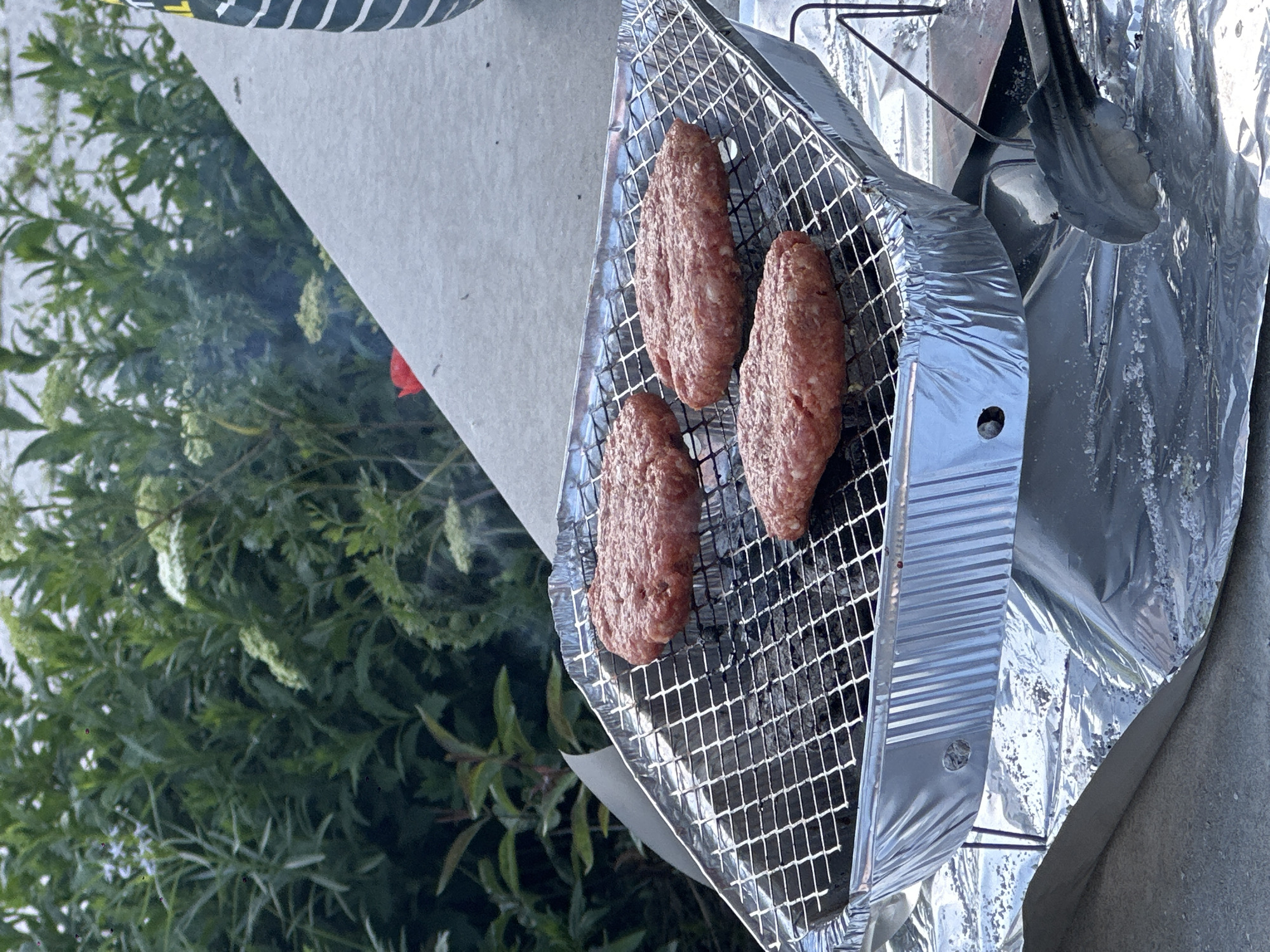 A close-up shot shows a grill with three raw, elongated meat patties cooking on it. The grill is lightweight and made of foil and metal mesh. The patties are still pink and haven't developed significant browning. Smoke rises from the grill.
The grill is positioned near green foliage, suggesting an outdoor setting, possibly a garden or park. A piece of paper or cardboard is visible nearby. Tongs are also visible. The image does not depict the city of Amsterdam, Netherlands.