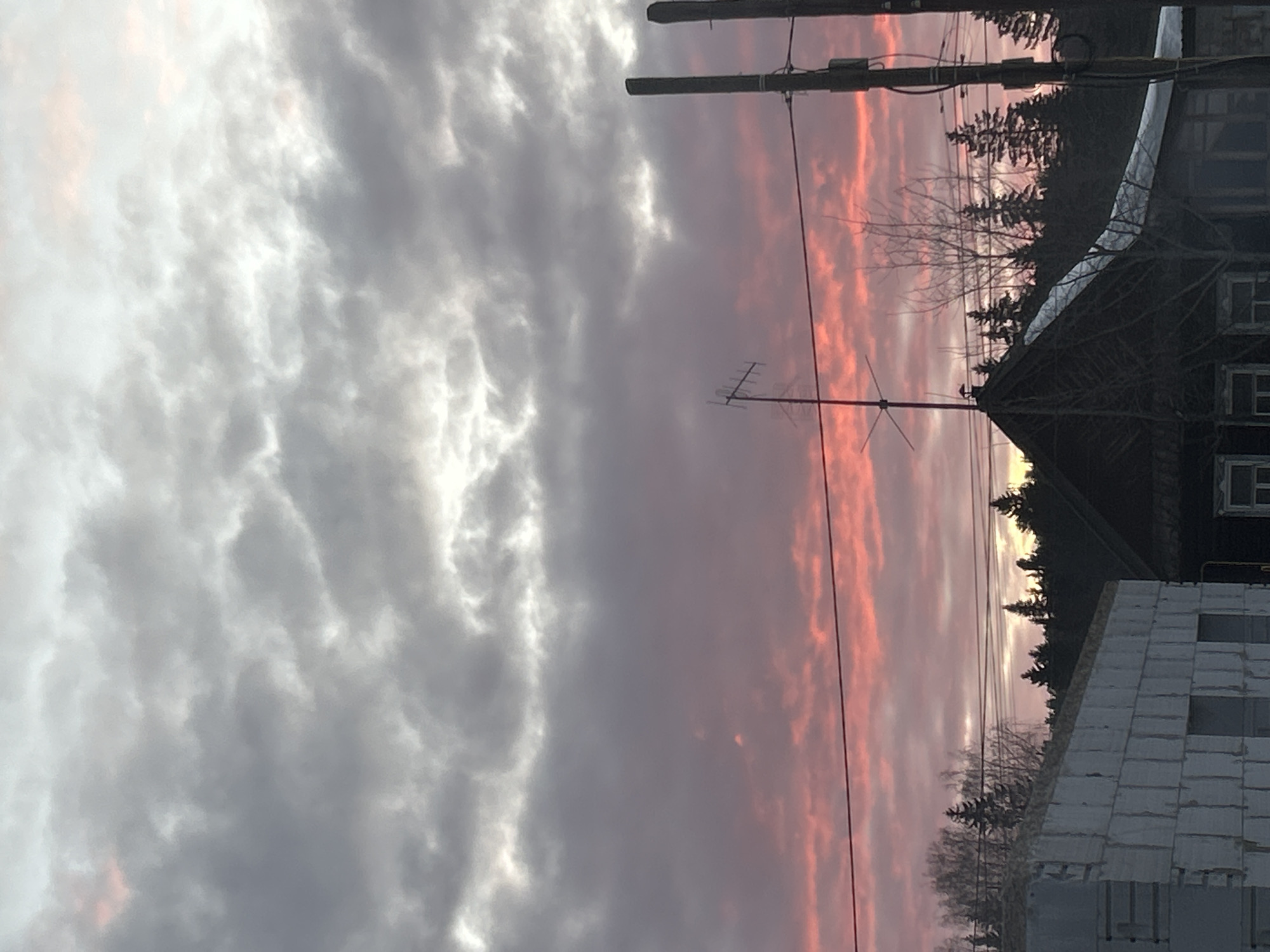 The image depicts a semi-urban or rural residential scene in Chaikovsky, Russia, at either sunrise or sunset. The sky, occupying the upper two-thirds, features a layered cloud formation. The uppermost clouds are grey and white, followed by a prominent band of vibrant pink and red stratocumulus clouds indicating low sun angle illumination. A dark horizon line of coniferous trees, interspersed with some bare deciduous trees, is visible beneath the red clouds.
In the mid-ground, on the left, an unfinished building structure is visible, constructed from light-colored aerated concrete blocks, indicating ongoing construction. It appears to be a foundation or a partial first floor, with several square window openings. On the right, an older, dark-stained wooden house with a pitched roof is present. A patch of snow or ice runs along a portion of its roofline. A Yagi-Uda style television antenna is mounted on a pole near this house's roofline. Two dark utility poles stand vertically on the far right, equipped with cross arms, insulators, and attached electrical or communication cables. Multiple horizontal utility lines stretch across the mid-ground, spanning the sky above the buildings and trees. No individuals are visible within the frame.