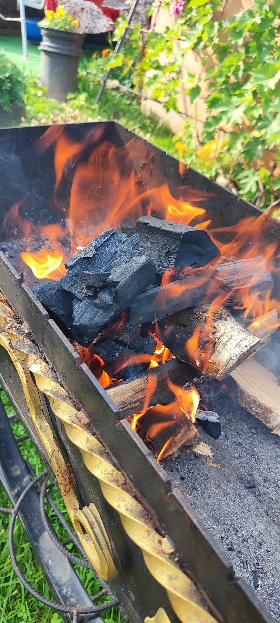 The image shows a close-up view of a barbecue grill with burning charcoal and wood. The grill is made of dark metal with decorative yellow twisted metal accents on the side. Flames are visible, licking around the charcoal and logs. The grill is situated outdoors on a patch of green grass. In the background, out of focus, are some plants and what appears to be a potted plant with yellow flowers. The scene is brightly lit, suggesting it is daytime. There are no people or animals present in the image. The location is identified as Лёзненскі сельскі Савет, Belarus.