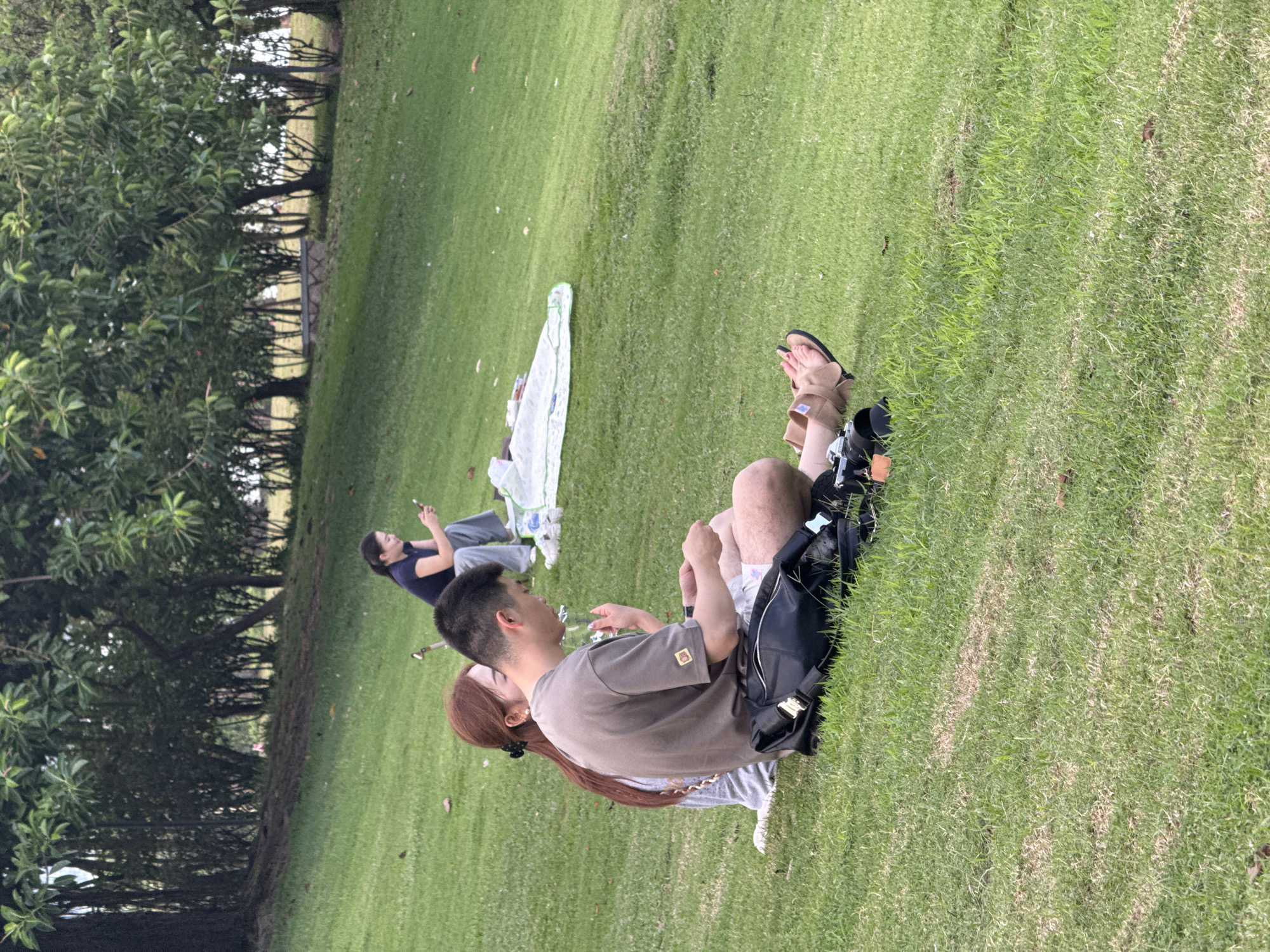 The image shows a grassy area in Nanshan District, China, possibly a park, with several people relaxing. In the foreground, a man and a woman are sitting on the grass; the man wears a brown shirt and gray shorts and is holding a glass. The woman has long red hair. To their left, a woman is lying on the grass using a smartphone. Further to the left, there is a white cloth or towel lying on the grass. The background includes trees and green space, suggesting a park or recreational area.