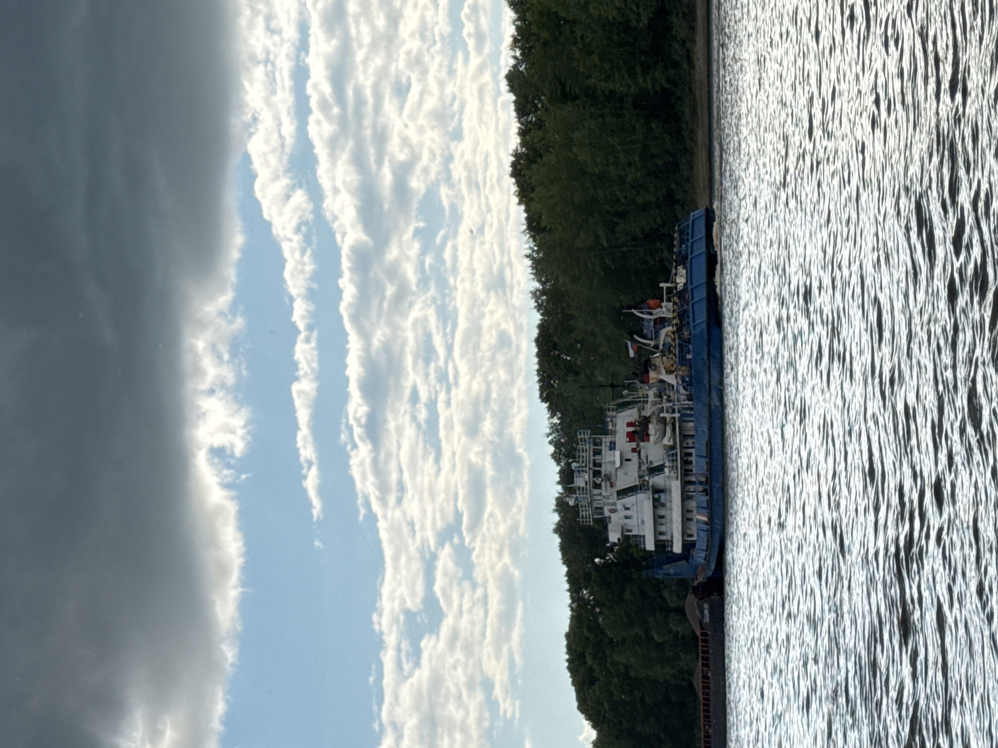 An overcast day is depicted with a towboat pushing a barge on a wide river in Chaikovsky, Russia. The towboat, painted blue and white, has multiple decks and appears to be a working vessel. The barge, dark brown in color, is loaded with cargo. The river is choppy with visible waves. Dense green trees line the far bank, forming a distinct horizon. The sky is a mix of dark, heavy clouds and lighter, scattered clouds, with patches of blue sky visible. The overall scene suggests a utilitarian industrial landscape, typical of a port city.