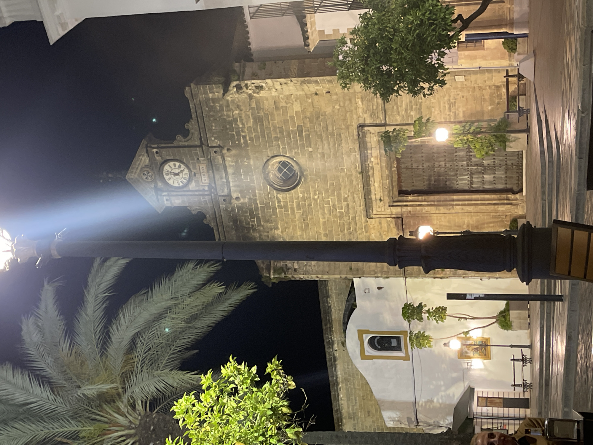 The image shows a nighttime view of a section of Jerez De La Frontera, Spain, featuring a building with a clock tower. A lamppost stands prominently in the foreground, partially obscuring the view. The building is illuminated, with light reflecting off its stone facade. A palm tree and other greenery are visible near the base of the lamppost. In the background, architectural details such as windows, doors, and steps are discernible. A person is partially visible at the bottom of the frame near a table, suggesting an outdoor seating area.