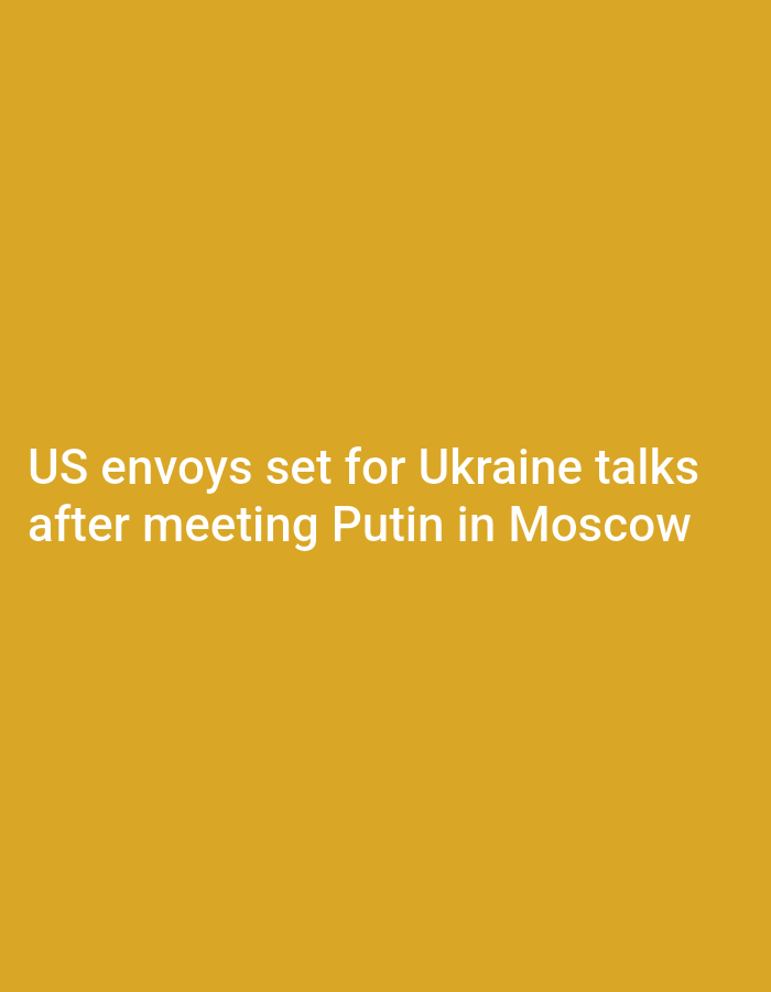 The image is a digital graphic with a solid mustard yellow background. Overlayed on the graphic are two lines of white text. The first line reads "US envoys set for Ukraine talks" and the second line reads "after meeting Putin in Moscow". The text is centered on the graphic and appears to be the sole subject of the image. There are no discernible people, objects, scenes, or settings. The graphic does not convey any information about the time of day, weather, or location. The overall tone of the graphic is neutral and informative, presenting a news headline.