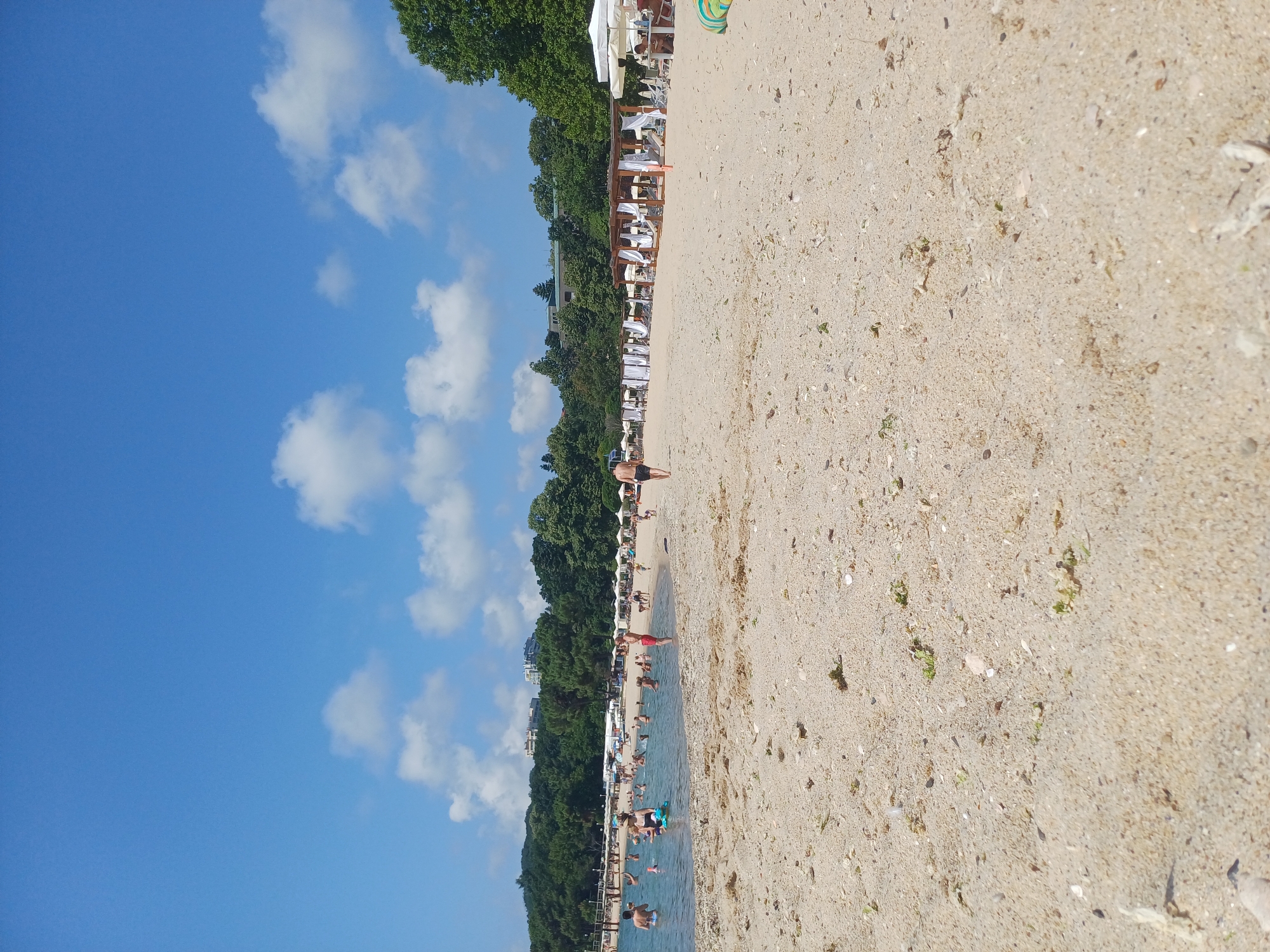 A wide, sandy beach in Varna, Bulgaria, is depicted under a clear blue sky with scattered white clouds. The foreground is dominated by the sand, which appears to be a mix of fine grains and small pebbles, with some scattered seaweed and shells. In the middle ground, the water is populated by numerous people swimming and wading. To the right of the water, a line of white cabanas with lounge chairs are set up on the sand. Behind the beach, a lush green forest with trees lines the background, and several modern buildings are visible amongst the trees. People are scattered throughout the scene, some in the water and some on the beach, engaged in various leisure activities.