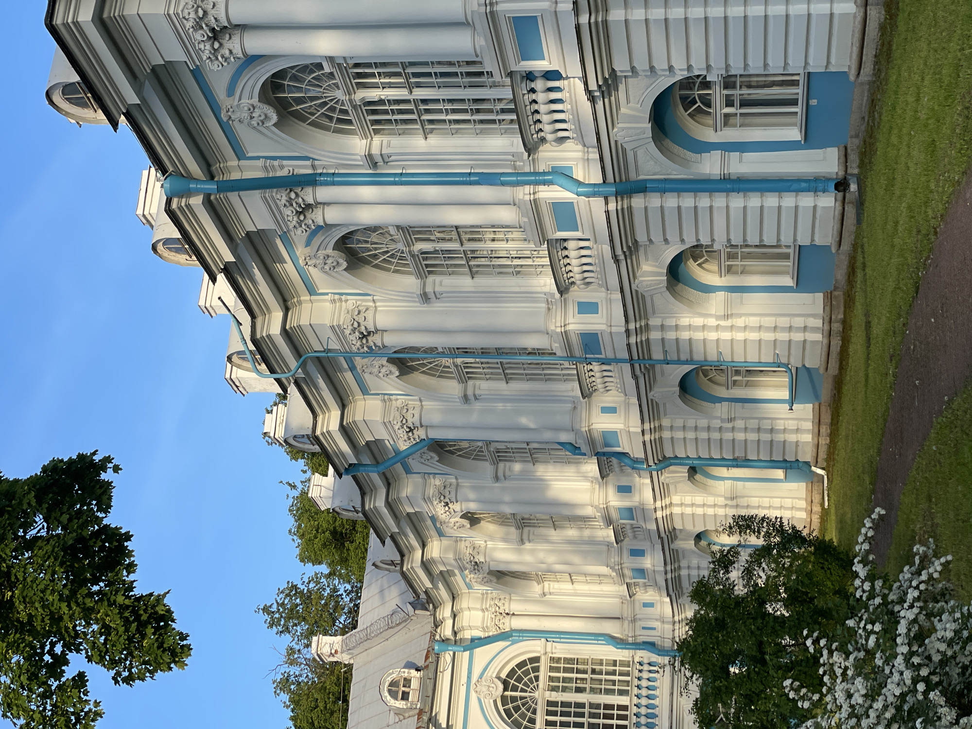 This detailed image captures the facade of a grand multi-story building in Unknown, Unknown, under a clear blue sky. The building exhibits a Baroque architectural style, characterized by a dominant white exterior accented with light blue details on cornices, window frames, and recessed wall sections. The structure features a repetitive pattern of large, vertically rectangular windows on the lower level, each set within a light blue arched recess and framed in white. The upper level presents a series of tall, arched windows with numerous white panes, flanked by prominent white columns with ornate capitals. Decorative carved elements are visible above some of the upper-level windows. Teal-colored downspouts descend vertically along the facade at regular intervals. The roof is a light gray metallic surface with multiple arched dormer windows and chimneys.
In the foreground, a narrow, dark dirt path curves through a manicured lawn of green grass that extends to the building's foundation. To the left, a dense green bush and a sprawling shrub with numerous small white blossoms are present. Overhead, in the upper left corner, a large branch of a deciduous tree with dark green leaves extends into the frame. The scene is illuminated by strong sunlight, casting distinct shadows on the building's architectural elements and suggesting either early morning or late afternoon light. No people or animals are visible in the image.