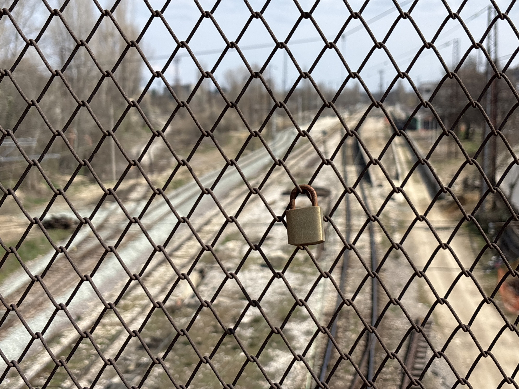 A rusty, brown chain-link fence, exhibiting diamond-shaped mesh, occupies the immediate foreground and is in sharp focus. A single, brass-toned padlock with a visible rusted shackle is attached to the fence, secured through one of the mesh openings in the upper-middle right quadrant of the image. The scene behind the fence is significantly out of focus, revealing a railway environment in Sofia, Bulgaria. Multiple parallel train tracks, composed of metal rails on ballast, recede into the distance from the lower left to the upper right. The ground between and around the tracks consists of light-colored gravel, dirt, and sparse, dried vegetation. The distant background features a line of bare deciduous trees and shrubs under a light blue-grey sky. No individuals, animals, or active vehicles are present.