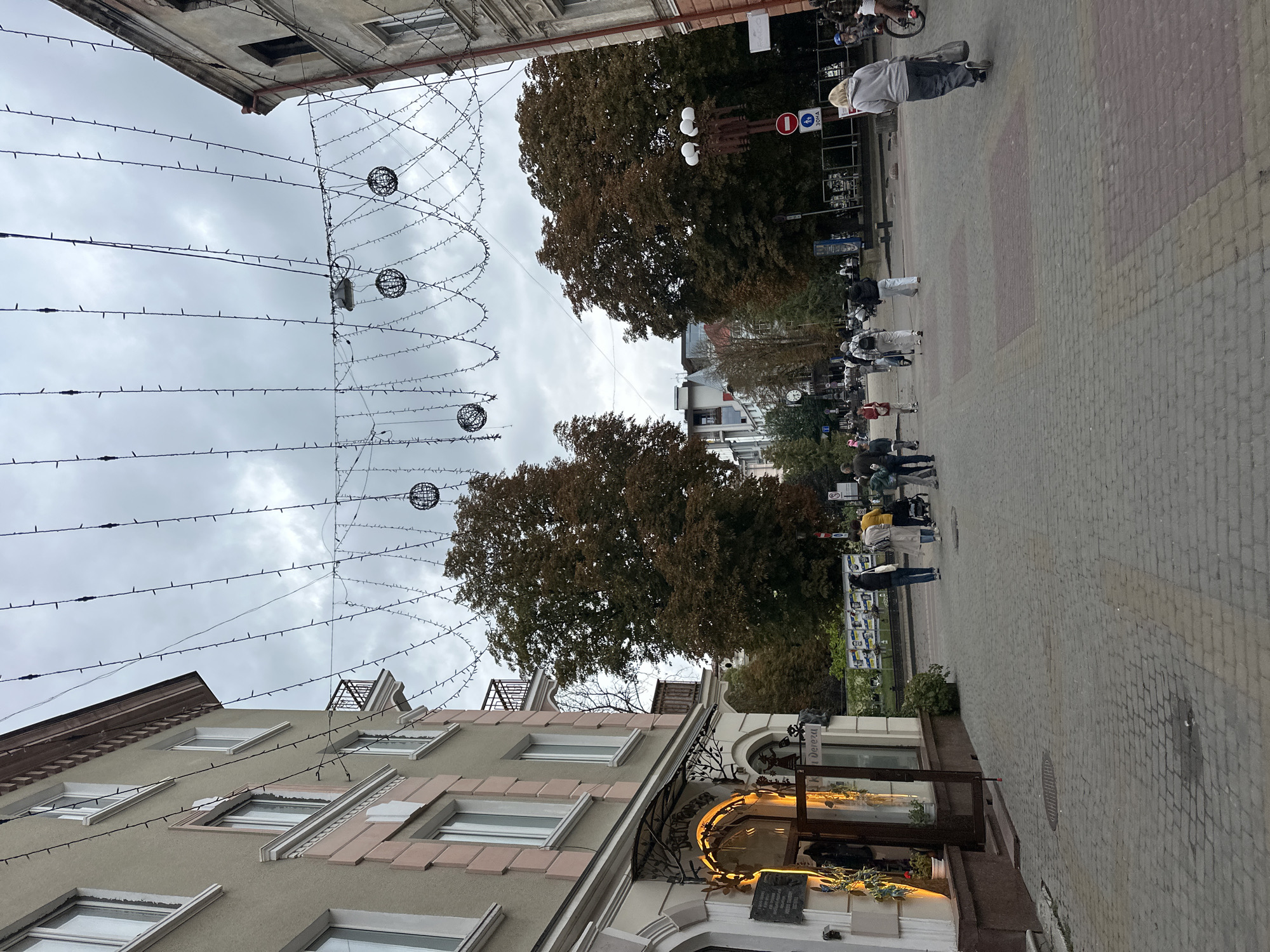 The image depicts a street scene in Ternopil, Ukraine, likely during the daytime under an overcast sky. The street is paved with cobblestones, and pedestrian lights are strung across it, adorned with spherical decorative elements. On the left, a light-colored building with pink accents features multiple windows and balconies. An arched entrance with ornate metalwork and illuminated signage is visible at street level. To the right, another building with a more weathered facade and visible windows stands.
A moderate number of pedestrians are present, walking in various directions along the street and sidewalk. Some individuals are seen strolling, while others are pushing strollers or riding bicycles. The atmosphere appears casual and unhurried. Trees with autumn foliage are interspersed throughout the scene, suggesting a fall season. Informational signs and traffic signals are also visible, indicating a regulated urban environment. The overall impression is of a pedestrian-friendly street in a European city.