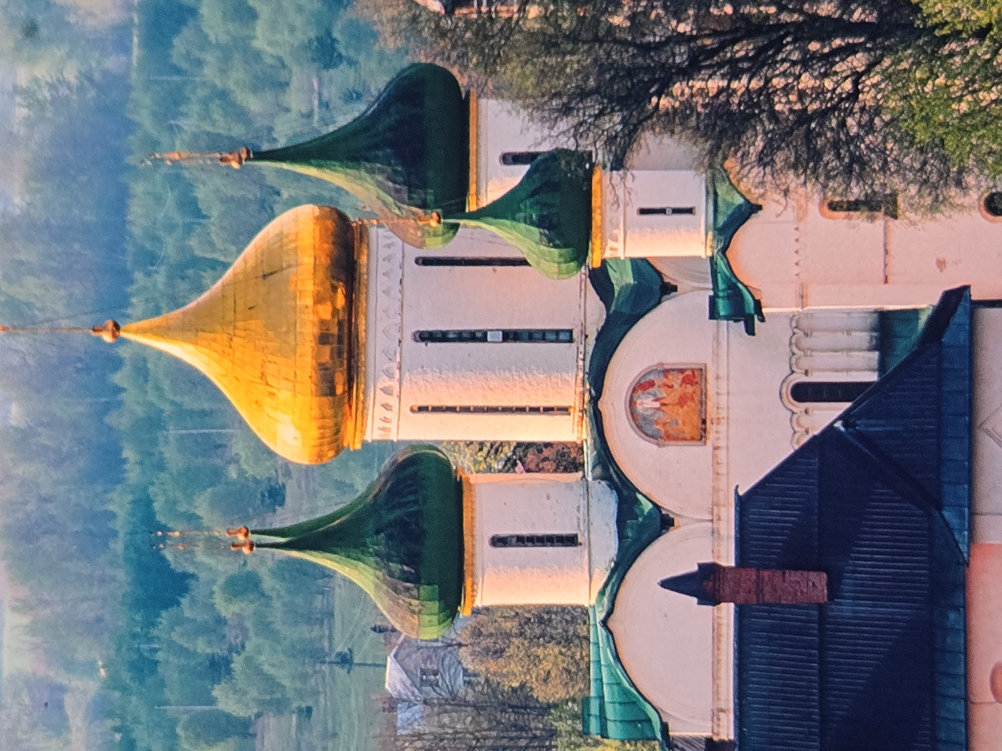 The image shows a close-up view of the Assumption Cathedral in Vladimir, Russia. The cathedral is a white stone building with multiple domes. The largest dome is golden and prominent in the center of the image, while other domes are green. The cathedral has arched windows and decorative elements. In the foreground, a dark, sloped roof with a brick chimney is visible. The background features a dense forest with trees in varying shades of green, suggesting a rural or natural setting surrounding the city. The lighting indicates it is either early morning or late afternoon, with warm sunlight illuminating the scene.