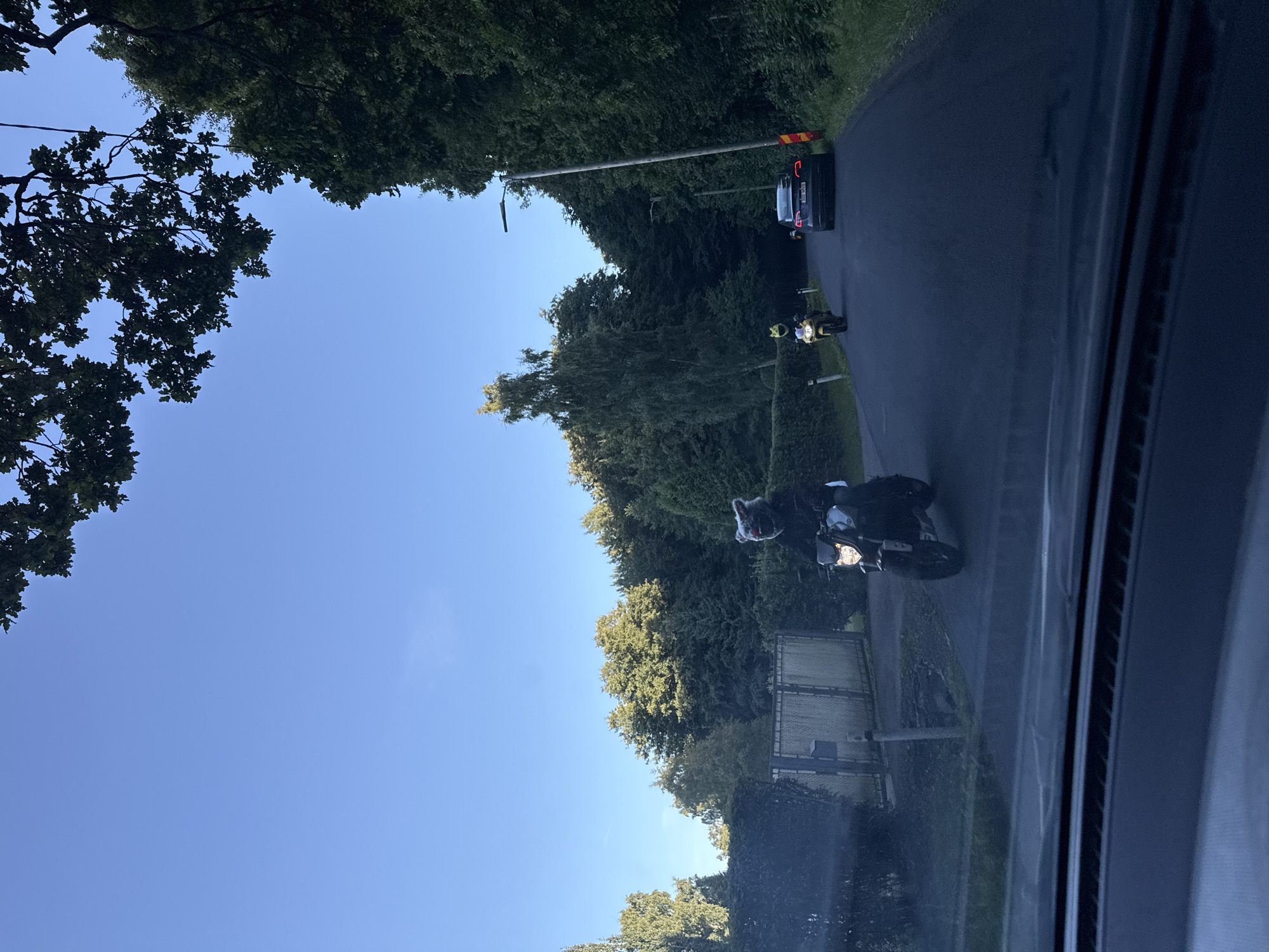 Two individuals on motorcycles, one wearing a bear costume, are traveling on a paved road bordered by dense green foliage on both sides. The road appears to be in a suburban or rural setting. In the foreground, the interior of a vehicle is visible, suggesting the photograph was taken from inside a car. The sky is clear and blue. In the distance, a black car is parked on the right side of the road. The overall scene is set during daylight hours. The image quality is moderate, with some graininess and reflections on the car's windshield. Based on the distinct black license plate with white lettering and European-style road signs, this scene is likely located in Tallinn, Estonia.