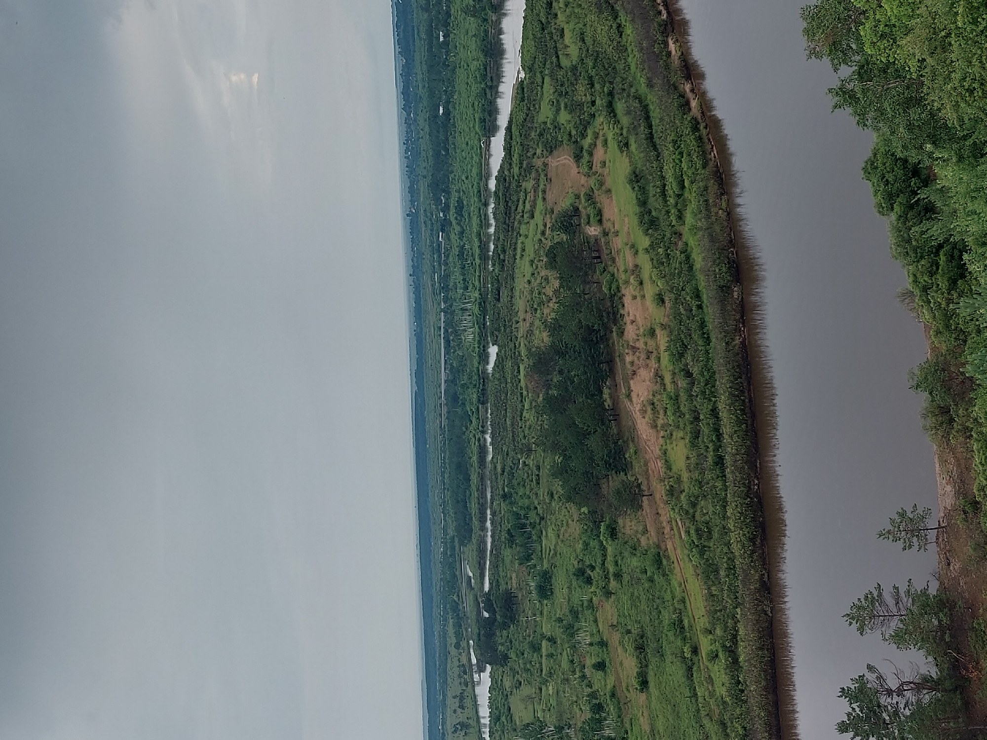 The image is a wide-angle, aerial view of a meandering river cutting through a lush, green landscape under an overcast sky. The foreground is dominated by a wide, calm river with a dark, reflective surface. On the right bank of the river, dense green trees form a thick treeline, extending up the embankment. The left bank features a sandy shore with a few scattered pine trees.
Further into the landscape, the river branches and winds through a vast expanse of greenery, characterized by a mix of trees, shrubs, and grassy areas. Islands of vegetation and sandbars are visible within the river's course. In the distance, a faint horizon line suggests a flat terrain with more scattered vegetation and what appear to be distant buildings or structures. The sky is a uniform light gray, indicating cloudy conditions with no visible sun.
While the specific location within Parunovka, Russia, is not visually identifiable from the image alone, the scene depicts a natural riverine environment typical of such a geographical region. There are no people or specific human activities visible in the frame, only the presence of a natural landscape and a river. The overall impression is one of a serene, undeveloped natural area.