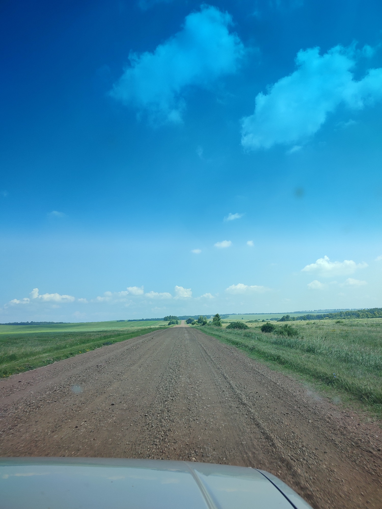 The image depicts a gravel road stretching into the distance, bordered by vast, green fields under a bright blue sky with scattered clouds. The perspective suggests the photo was taken from a vehicle, with the hood visible in the foreground. The landscape appears rural and open. There is no visible indication of the city of Bakhmut, Russia, nor are there any people or specific identifiable objects other than the natural environment and a vehicle.