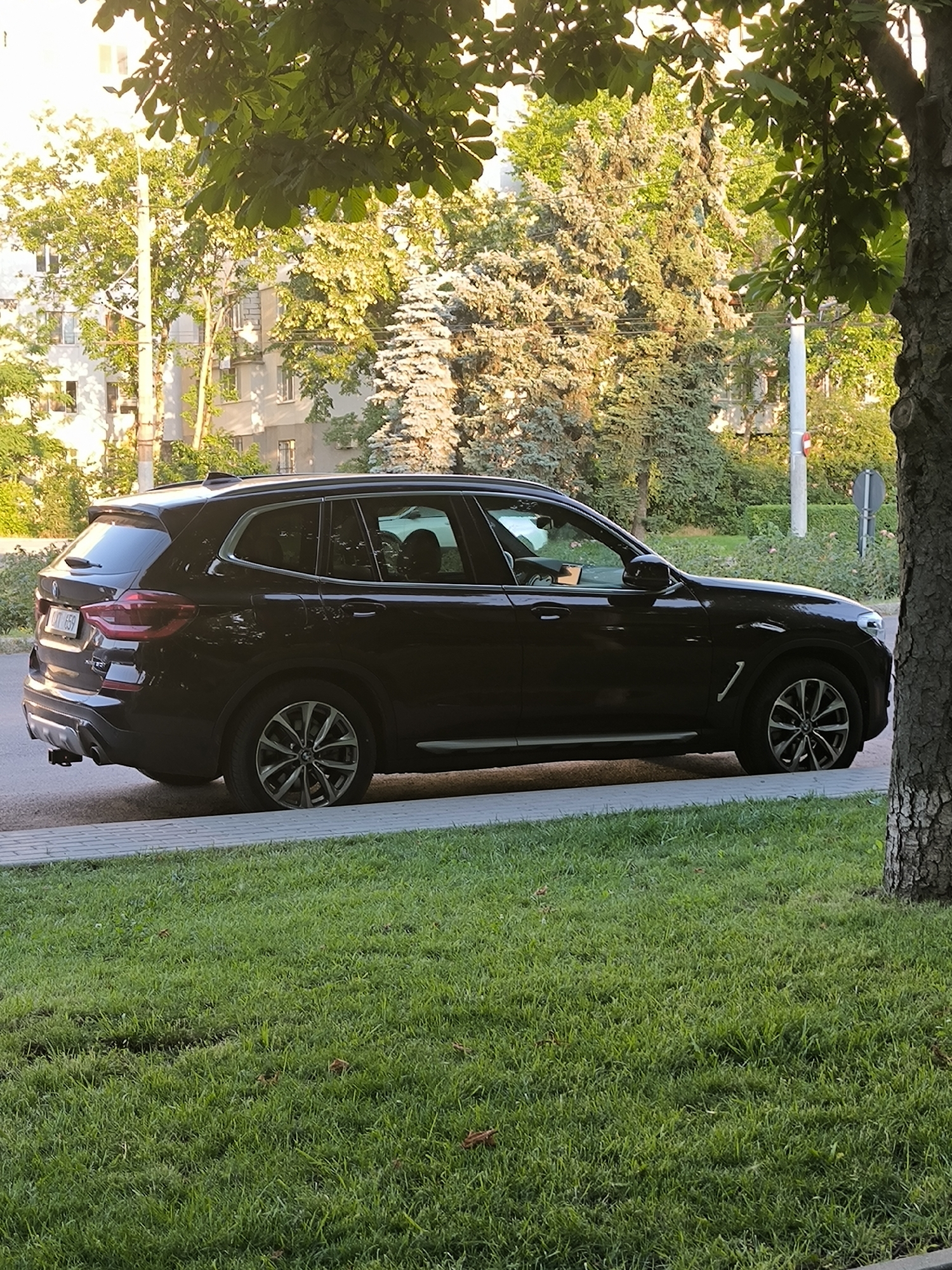 A black BMW X3 is parked on the side of a street in Chișinău, Moldova, alongside a sidewalk and a grassy area. The car is oriented to the right, with its rear visible in the foreground. The scene is bathed in the warm light of late afternoon, casting shadows from the surrounding trees. Buildings and lush green trees are visible in the background, suggesting a residential or park-like setting. The sky is mostly obscured by the dense foliage of trees in the foreground.