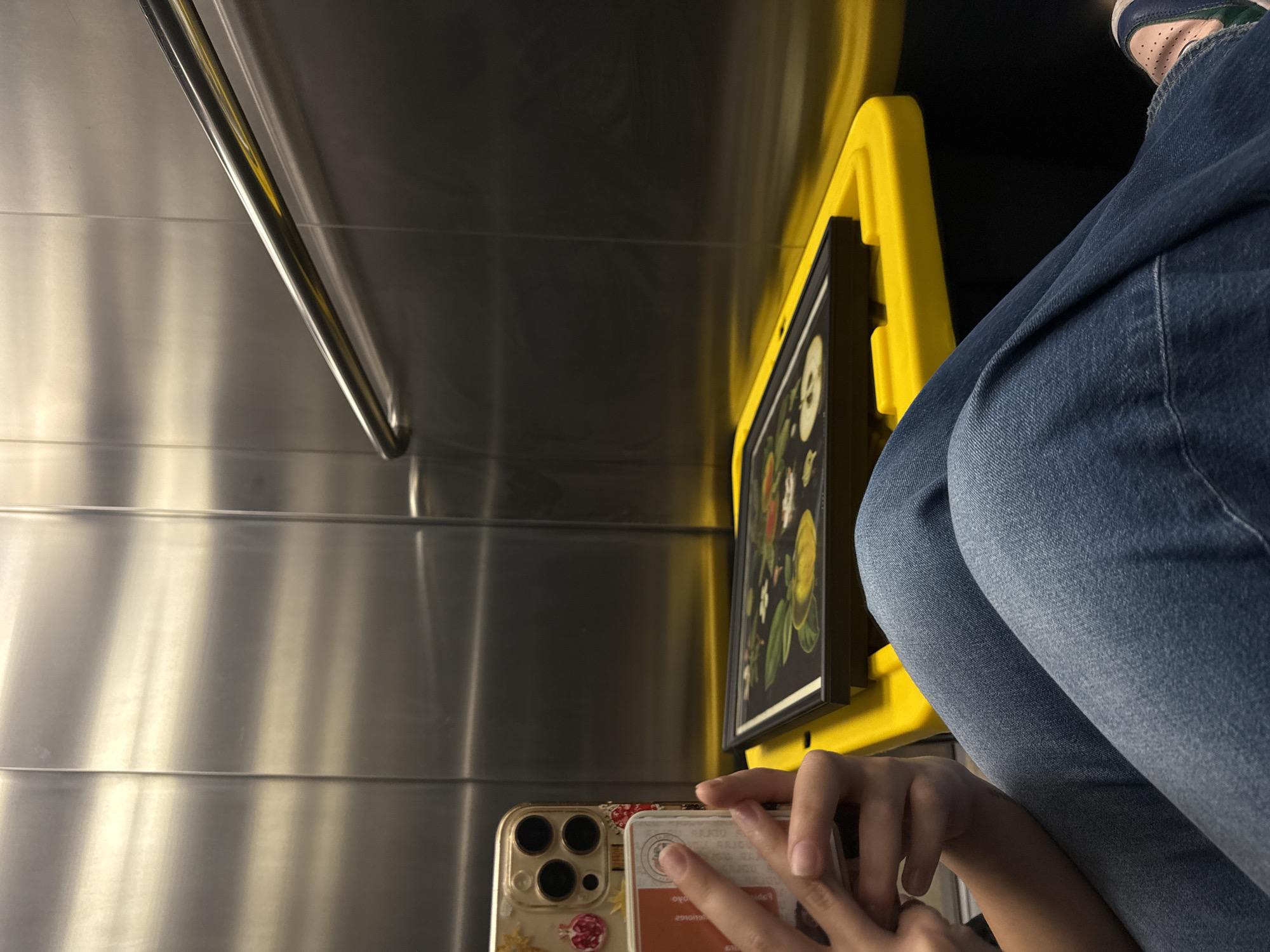 A close-up, rotated view shows a person in blue jeans and a sneaker with a pink and green detail, sitting next to a wall of metallic panels, possibly in a public transportation setting. A yellow grab bar runs alongside the wall. A framed picture with a dark background and light-colored floral or botanical imagery is affixed to the grab bar. Below, a pair of hands holds a white card with red markings, near a gold-colored phone with three camera lenses. The exact location is unknown but inferred from the prompt to be San Bernardino Tlaxcalancingo, Mexico. No actions or interactions are visible.