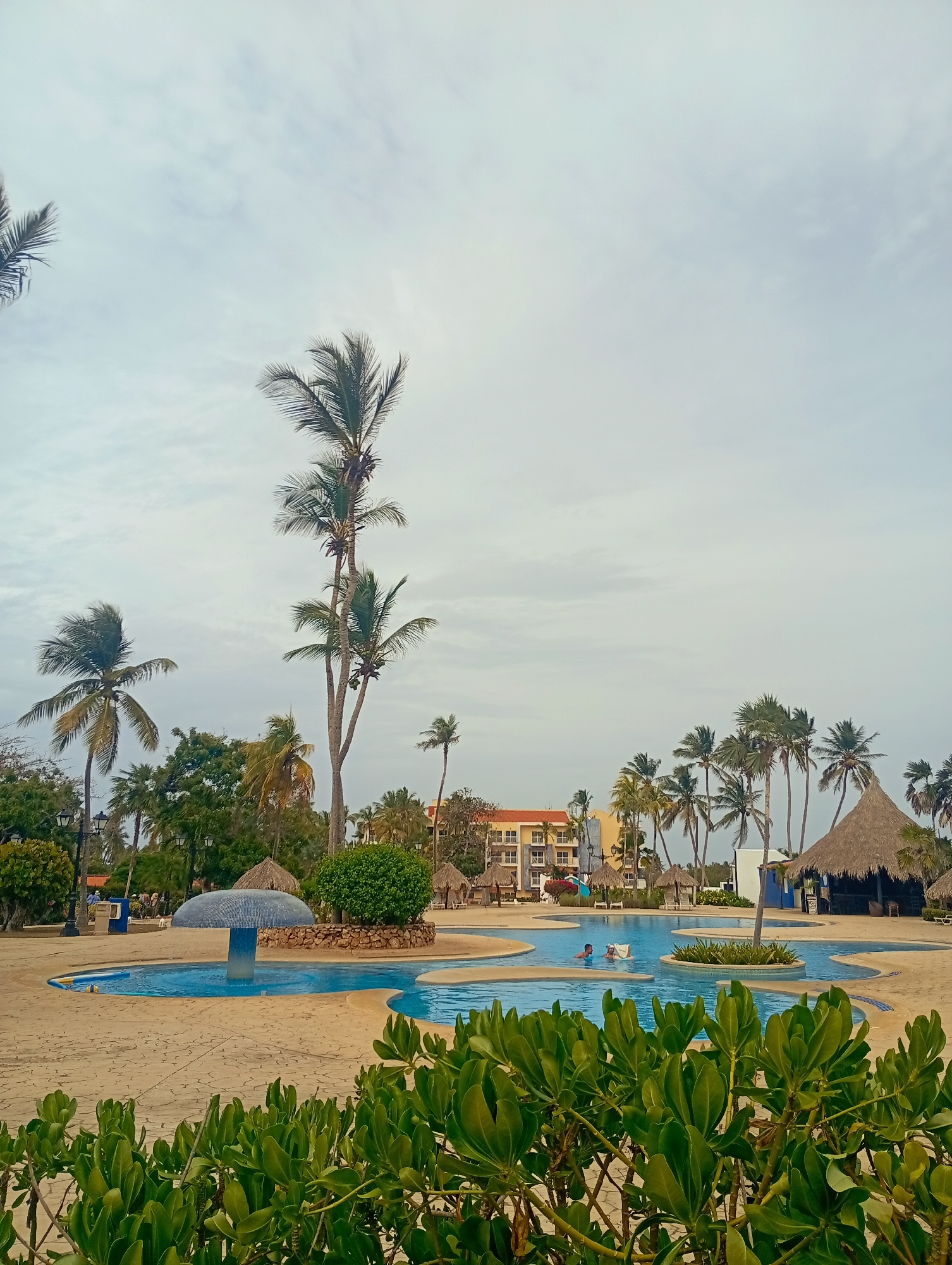 The image captures an outdoor swimming pool area at a resort in Playa El Agua, Venezuela. The pool is composed of multiple interconnected sections with varying shapes and depths. The water is clear and blue, and two people are visible in the pool.
The pool area is surrounded by light brown paving, and various tropical plants, including palm trees, are scattered throughout the scene. Several thatched-roof structures, likely pool bars or cabanas, are located near the pool. In the background, a multi-story building is visible.
The sky is overcast with a cloudy grey sky. Green foliage and bushes border the pool's edge in the foreground, partially obscuring the view of the pool.