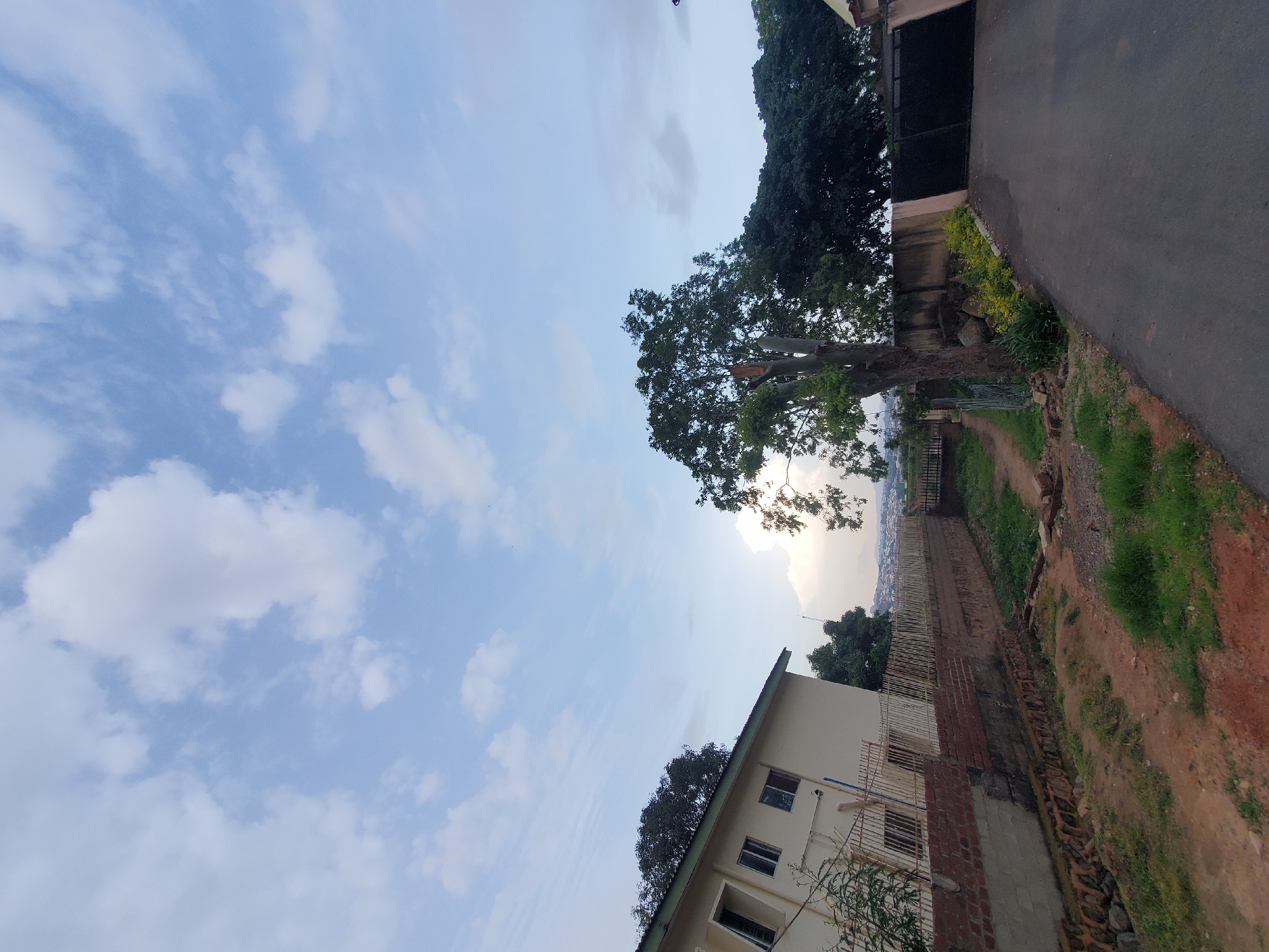 The image depicts a street scene in Jos, Nigeria, under a partly cloudy sky. In the foreground, a paved road curves to the right, bordered by sparse grass and a low, rough-hewn stone wall topped with some vegetation. To the left, a two-story building with a light-colored facade and several windows is visible, separated from the road by a brick wall and a pale metal fence. Adjacent to the building, a large, mature tree stands prominently, its trunk appearing damaged with a significant split. Behind this tree, a dense line of dark green foliage forms a backdrop. Further to the right, a large black metal gate is visible, suggesting an entrance to a property. In the background, the hazy outlines of a city or town with buildings can be seen stretching across the horizon. The overall atmosphere is that of a residential or semi-urban area.