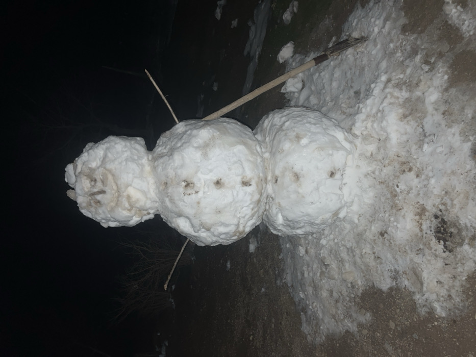 A melting snowman lies on its side in the dark. Constructed with three snowballs, the snowman features stick arms and facial details fashioned from twigs. A shovel leans against the snowman's body. The snow around the figure is soiled and diminishing, suggesting recent warmth. The background is mostly dark, adding to the image's somber tone.