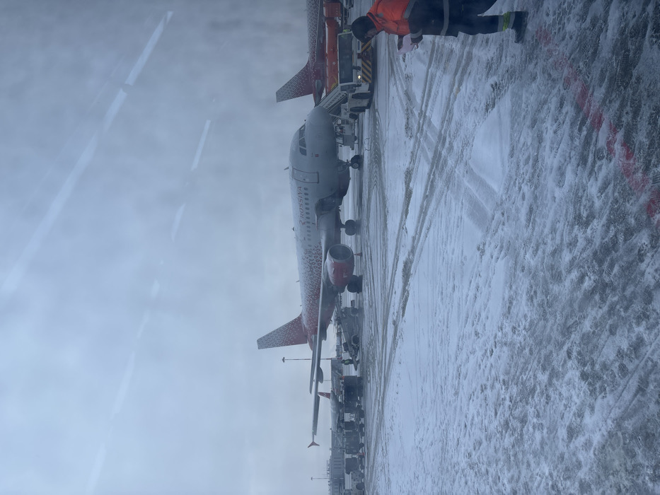An airport tarmac in Novogorelovo, Russia, is depicted under overcast conditions with significant snow and ice cover. A white and red Rossiya Airlines passenger aircraft is centrally positioned, stationary on the tarmac. Its fuselage and wings are partially dusted with snow, and the tail features a red pattern. An airstair truck, yellow and white, is positioned at the aircraft's forward passenger door. To the left of the main aircraft, multiple units of ground support equipment, including baggage carts and a service vehicle, are arranged. The tail section of a second Rossiya aircraft is visible in the background to the right. In the foreground, on the lower right, an individual wearing an orange high-visibility jacket, dark trousers, and dark boots stands on the snow-covered ground, holding and observing a white document or clipboard. The tarmac surface shows extensive tire tracks and footprints in the snow, with patches of darker asphalt visible. A red painted line is discernible on the ground in the lower right.