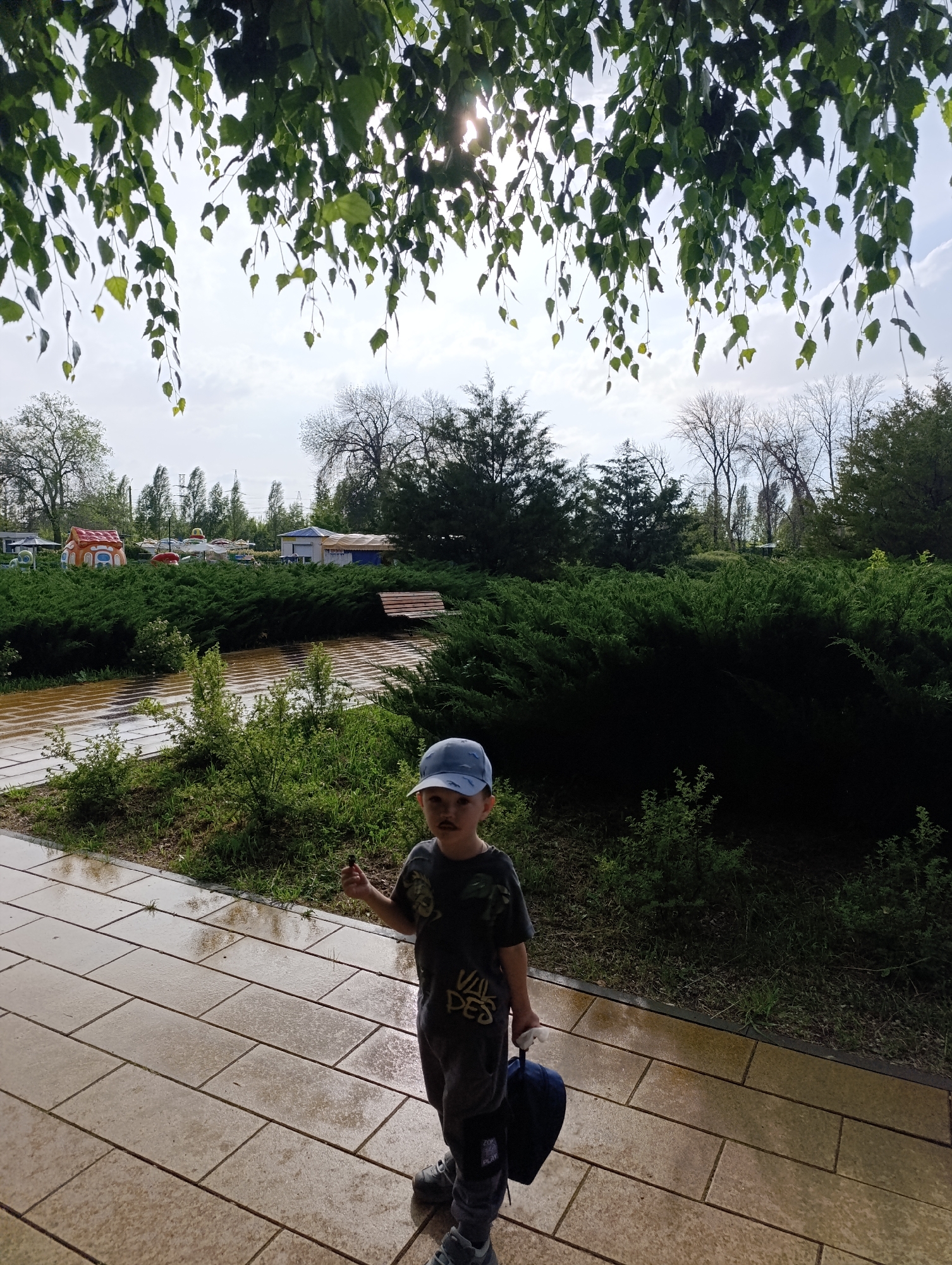 The image captures a young boy standing on a wet, paved walkway in a park or recreational area. He is wearing a dark t-shirt with a graphic design, dark pants, a blue baseball cap, and grey shoes. The boy is holding a small dark object in his right hand and a dark blue bag in his left hand. He appears to have a mustache drawn on his upper lip.
The background features lush green bushes, trees, and some structures that suggest a park or amusement area, with colorful structures visible amongst the greenery. The walkway is made of rectangular, light-colored paving stones, which are wet and reflective, indicating recent rain. The sky is overcast with some sun breaking through the clouds, creating dappled light. The overall environment suggests an outdoor recreational space in Novokuybyshevsk, Russia.