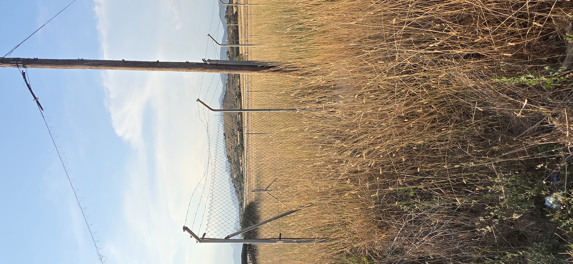 The image depicts an outdoor scene with a clear blue sky and scattered white clouds, suggesting daytime. A wooden utility pole stands on the left, with wires attached to it, one of which appears to have a zigzag pattern. To the right of the pole is a chain-link fence, supported by metal posts, which extends into the background. Beyond the fence, a field of dry, golden grass or hay is visible, with some scattered green vegetation. In the distance, a hilly or mountainous landscape can be seen, with some trees and buildings dotting the slopes. The overall impression is of a rural or semi-rural setting, possibly at the edge of a field or property. The lighting suggests it is either morning or late afternoon. There is no visible text in the image.