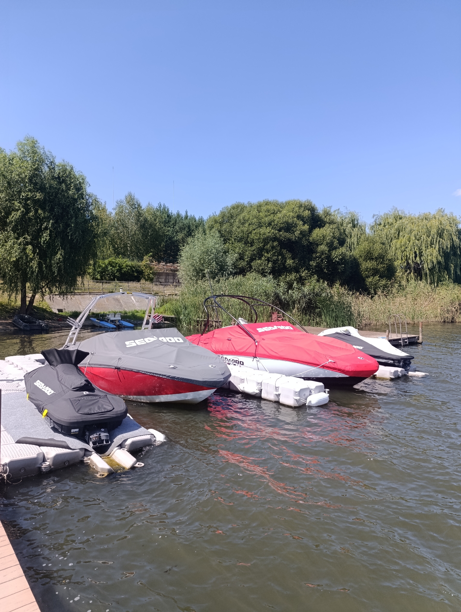 In the city of Bulatselivka, Ukraine, a sunny day at a body of water features a marina with several personal watercraft docked. The foreground shows a gray plastic dock. On the dock, a black personal watercraft cover, labeled "SEA DOO," is visible, with a dark gray cover beneath it. Adjacent to it, a red and gray personal watercraft is covered with a gray tarp, also displaying "SEA DOO 400." Further to the right, a red personal watercraft is covered with a red tarp, followed by another personal watercraft with a dark cover. The water is dark and choppy. In the background, a line of trees and reeds lines the shore, with a clear blue sky overhead. A metal structure with an awning is visible behind the docked watercraft.