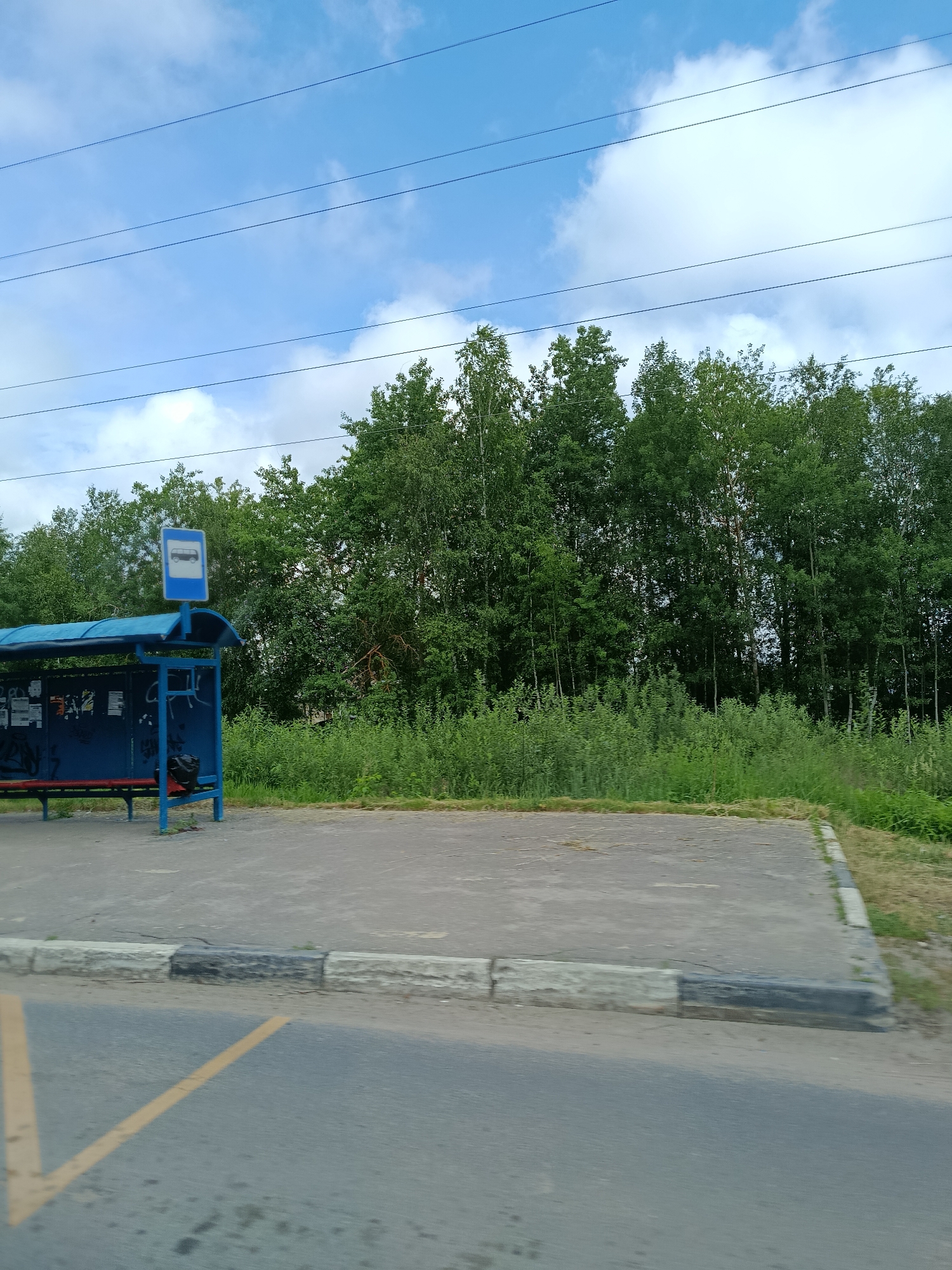 The image shows a bus stop with a blue shelter and red benches, located in a rural or suburban area with a dense line of green trees in the background. The sky is blue with scattered white clouds. There are power lines visible across the sky. The bus stop itself has a blue roof and frame, with graffiti on the back wall. A trash bag is visible inside the shelter. The ground in front of the bus stop is paved, and a curb separates it from the road, which has a yellow line painted on it. The overall environment suggests a quiet, somewhat neglected location. The location is identified as Тополиный, Russia.
