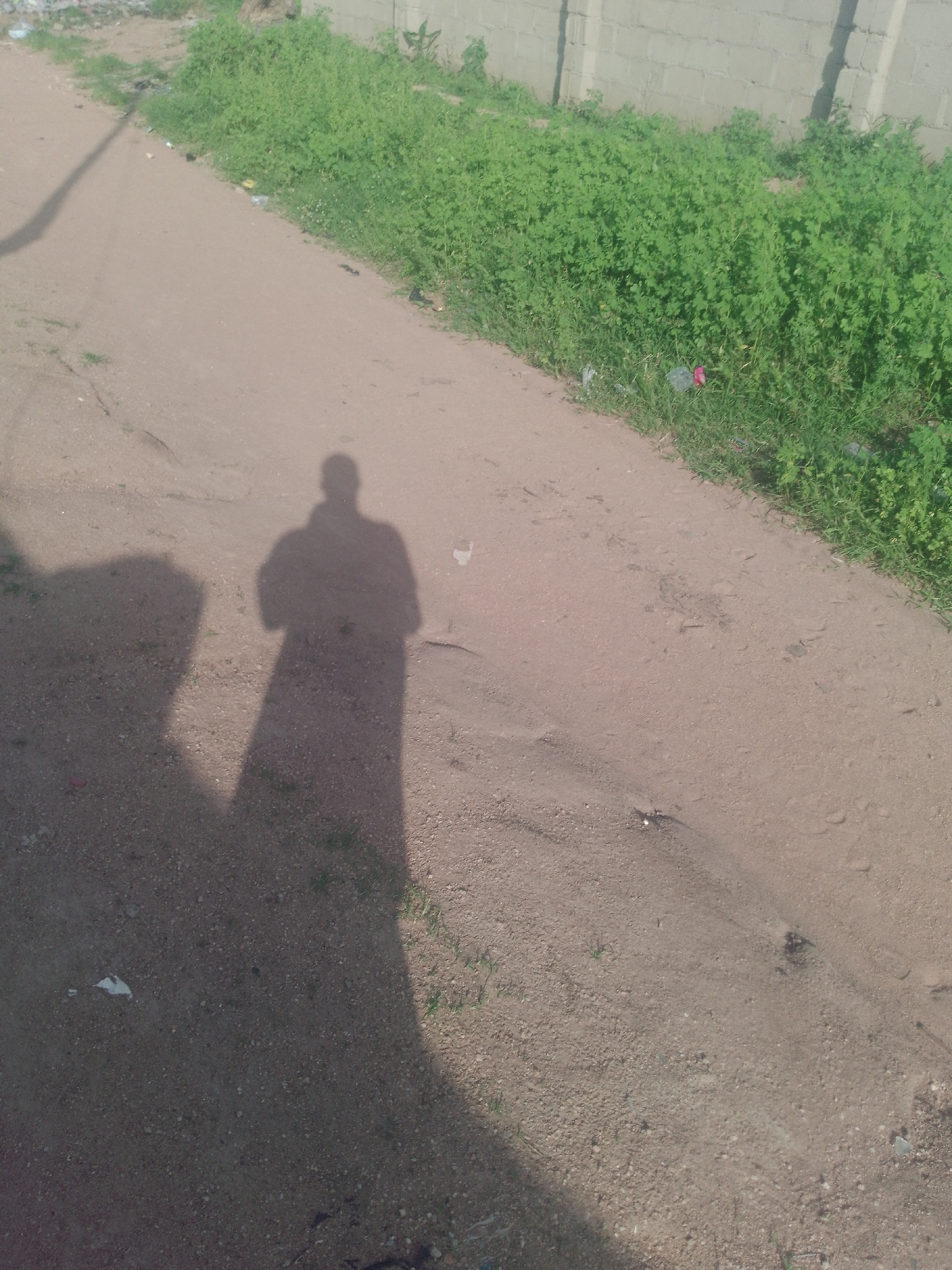 The image shows a dirt road with a shadow of a person on it, in the city of Jauro Yinu, Nigeria. The road is a light brown color and appears to be unpaved. There is green vegetation on the right side of the road, and a concrete wall behind the vegetation. The shadow of the person is long and stretched out, indicating that the sun is low in the sky. The person appears to be wearing a long robe or coat. Another shadow, likely of the same person, is visible to the left. The ground is littered with small stones and some scattered debris, including white paper. The overall scene suggests a rural or semi-rural setting.