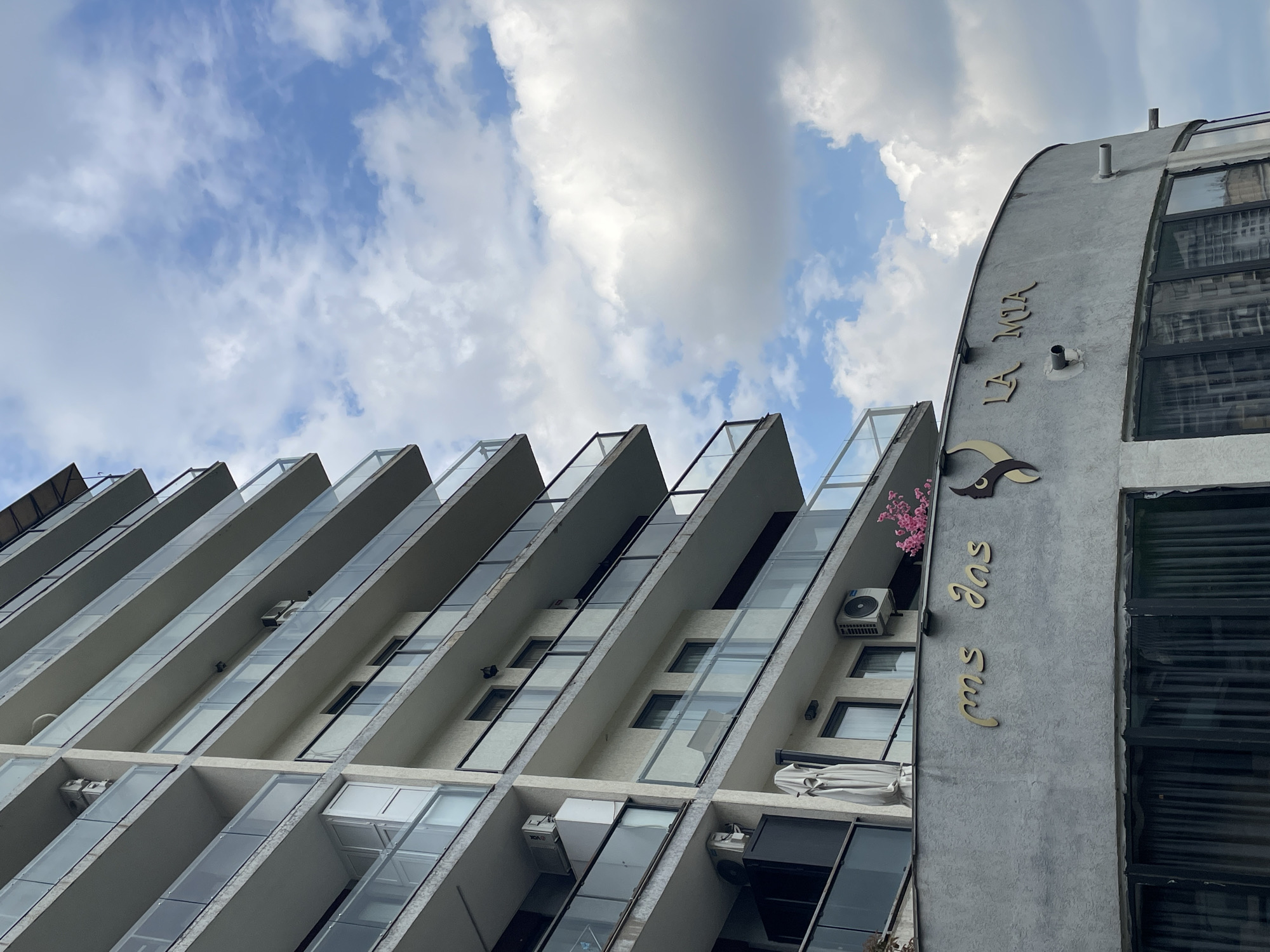 A low-angle shot shows a section of a modern building under a cloudy sky. The building features a repeating pattern of angled balconies with glass railings. Air conditioning units are mounted on the walls behind some of the balconies. To the right, a taller, curved section of the building displays the name "La Mia" in gold lettering, alongside an emblem featuring a bird-like shape. In a lower position, "ims das" is written in gold letters. A small pink flowering plant grows on one of the balconies near the signage. The building's facade is gray, with dark, reflective windows. The image was taken in Tbilisi, Georgia.