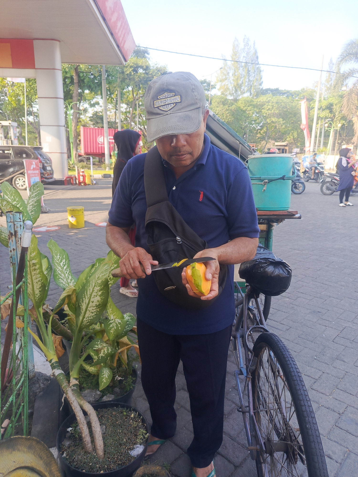 In Surabaya, Indonesia, a man wearing a blue polo shirt and a grey baseball cap is captured in a medium shot as he prepares to peel a mango with a knife. He is standing next to a bicycle, which has a black bag attached to its rear. Behind him, a turquoise cooler sits atop a stand, and further in the background, several motorcycles and people are visible. The scene appears to be set at a gas station, indicated by the presence of a red and white awning overhead and a car in the left background. The ground is paved with grey interlocking bricks, and lush green plants in black pots are positioned to the left of the man. The overall lighting suggests it is daytime.