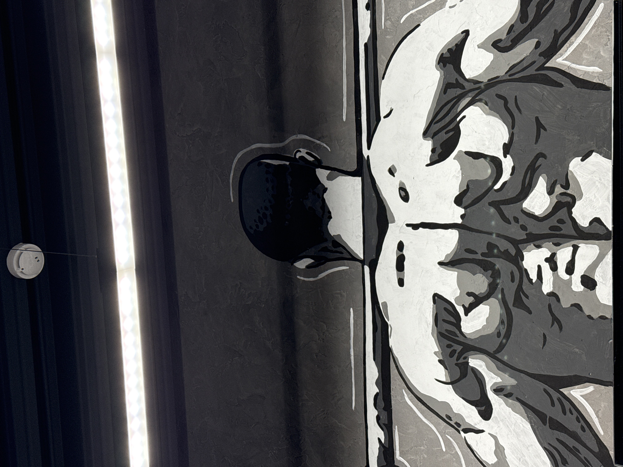 The image shows an indoor scene. A long, vertical LED light is positioned on the left, adjacent to dark vertical structures, possibly blinds. A circular smoke detector is visible near the top left corner of the light. To the right of the LED light, there's a monochrome painting of a person's head and shoulder on the wall. The painting is done in shades of grey, black, and white, with stark contrast.
There's no evidence to confirm the location is specifically in Votkinsk, Russia based solely on the provided image.