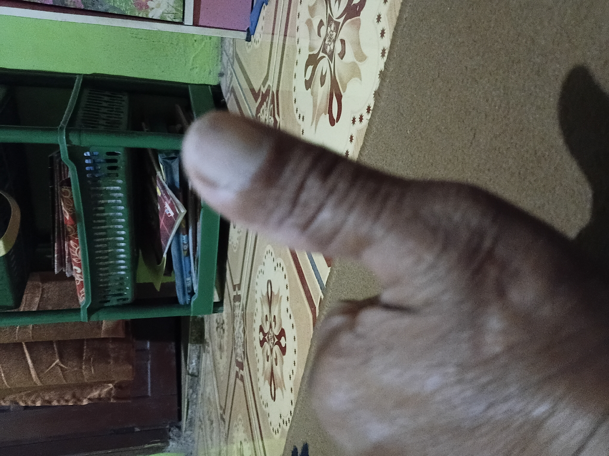 In Margo Rukun, Indonesia, a close-up shot focuses on a person's thumb, held up in a "thumbs up" gesture. The thumb is in the foreground, partially obscuring the background. Behind it, a green plastic shelving unit holds various items, including what appear to be books or magazines. The floor is tiled with a patterned design. To the left, a dark wooden door and a section of brown curtain are visible. The overall lighting is dim, with a hint of green on the right side, possibly from a painted wall. The scene appears to be indoors.