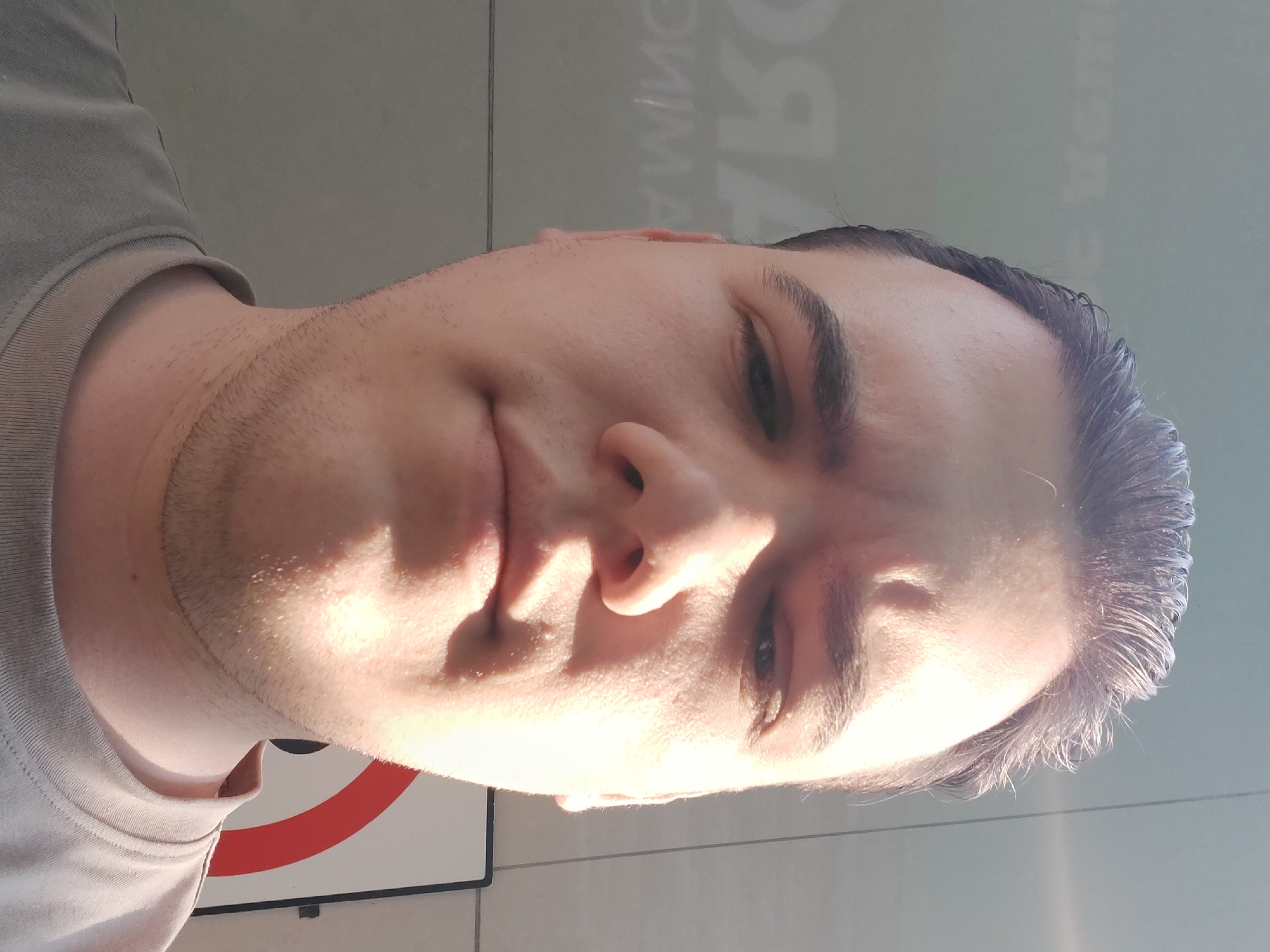 A close-up selfie of a man with short dark hair, light skin, and stubble. He's wearing a gray t-shirt. Part of a sign with a red circle and white line is visible in the lower left corner. The background appears to be a wall. The lighting is bright, possibly outdoors. Tashkent, Uzbekistan cannot be determined from the visual data.