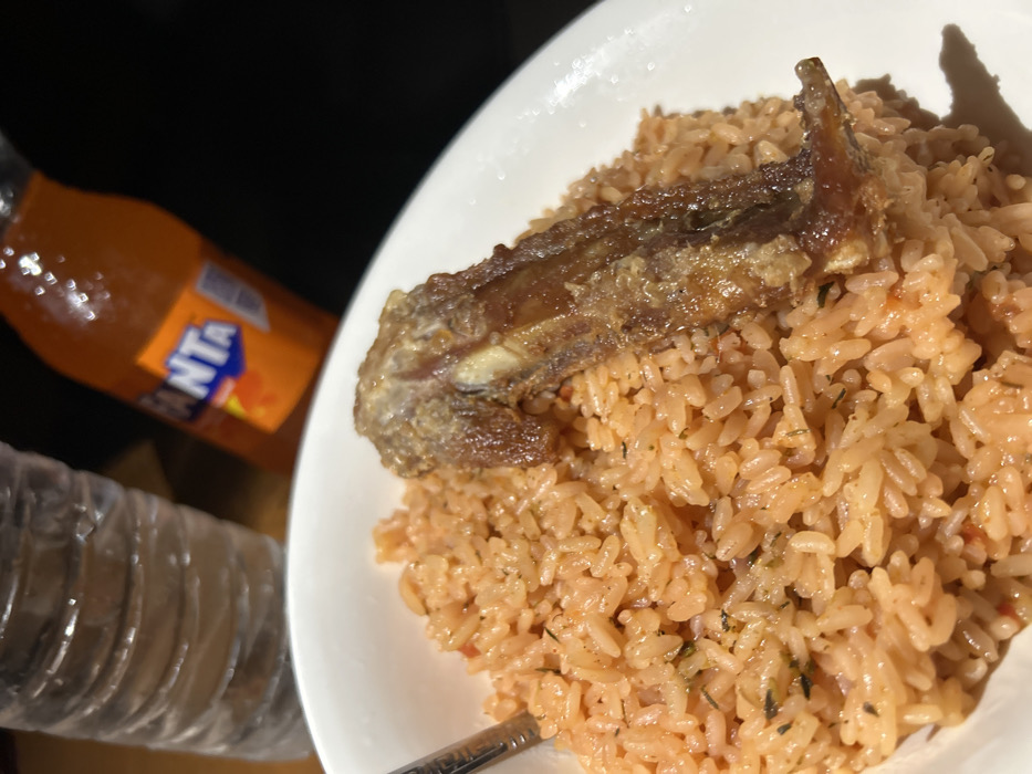 The image displays a close-up, elevated view of a meal served in a white ceramic bowl. The bowl contains a portion of reddish-orange rice, consistent with Jollof rice, interspersed with visible green specks of herbs or seasonings. Centrally placed atop the rice is a piece of deep-fried or roasted bone-in meat, characterized by its dark brown, crispy exterior. A metallic utensil handle is partially visible embedded in the rice on the left side of the bowl. In the blurred background, a clear plastic bottle containing water is positioned to the left, and an orange Fanta soda bottle is visible to the right. The scene is set in an indoor environment with low illumination, located in the city of Egbe, Nigeria. No individuals are present.