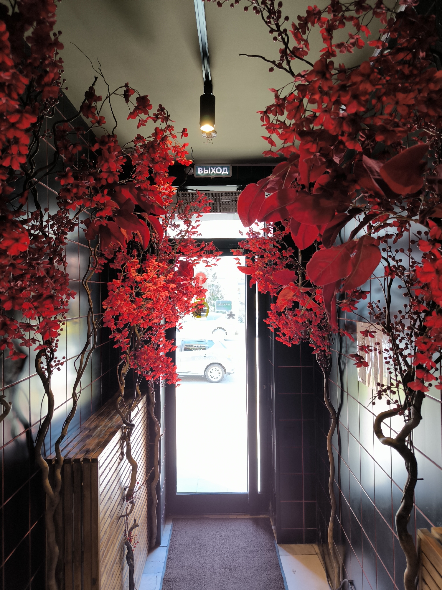 The image depicts an interior hallway decorated with artificial red branches and leaves. A lit sign with the Russian word "ВЫХОД" (EXIT) is visible on the ceiling. Through a glass door at the end of the hallway, a street scene with a parked car is visible. The hallway features dark tiled walls and a wooden bench on the left. The overall ambiance is decorative and suggestive of a modern establishment. The provided context indicates this location is in Taganrog, Russia.