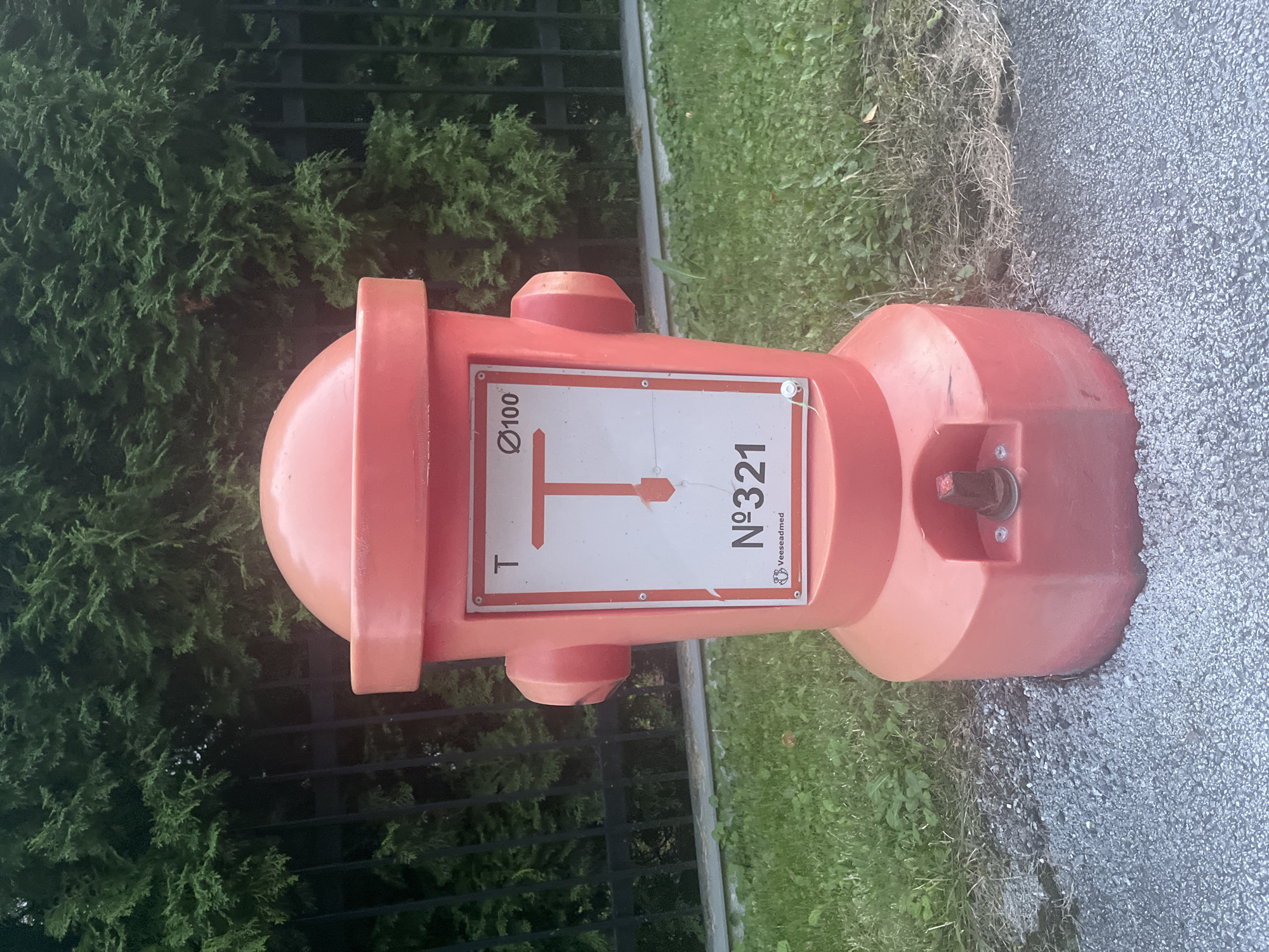 The image shows an orange fire hydrant in Haabneeme alevik, Estonia. The hydrant is made of plastic and has a domed top and two side outlets. A white square plate is attached to the front of the hydrant, with a red "T" symbol and the number "321" printed on it. The text "Veeaseadmed.eu" is visible at the bottom of the plate. The hydrant is situated on a gravel surface next to a grassy area. In the background, there is a black metal fence and dense green trees. The lighting suggests it is daytime.